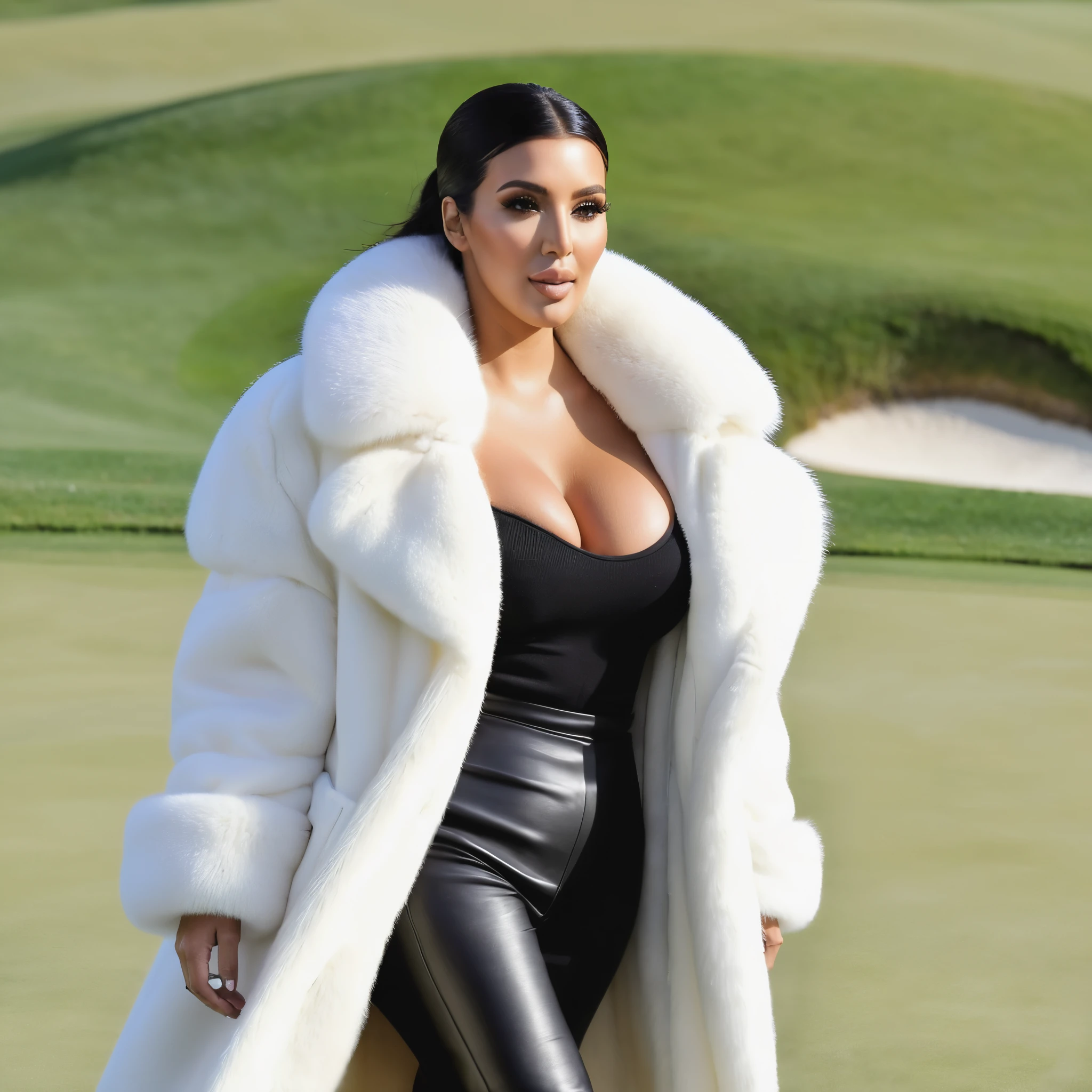 A very wide and very thick, manteau de fourrure en vison blanc, fifty centimeters thick, duveteux, naturel, with an ultra thick white mink fur collar, three layers, sur Kim Kardashian, alone at the Golf of Pebble Beach , bare shoulders, and two large breast semi covered by the fur,