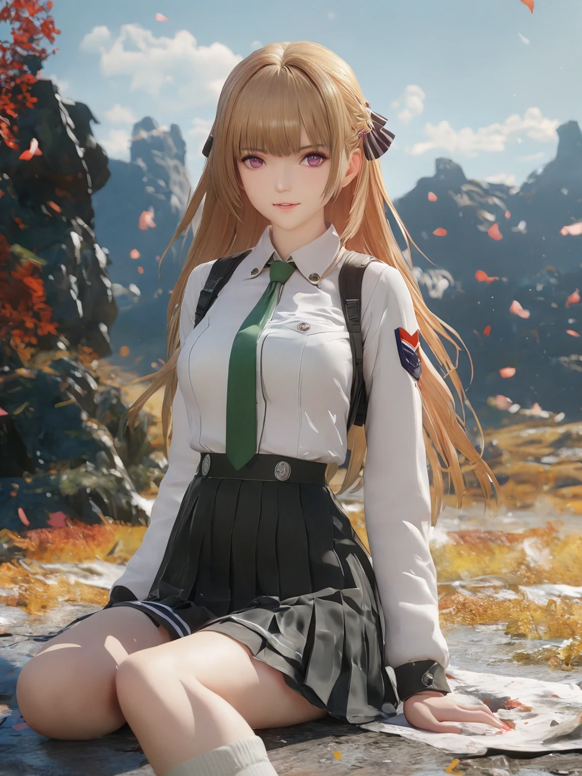 diy2，Highest quality, ultra-high definition, masterpieces, 8k, realistic, anime styled, 3d render，anime girl sitting on the ground in a field with a green tie, anime visual of a cute girl, marin kitagawa fanart, fine details. girls frontline, smooth anime cg art, from girls frontline, beautiful anime high school girl, girls frontline style, girl wearing uniform, girls frontline cg, painted in anime painter studio, makoto shinka, official art
