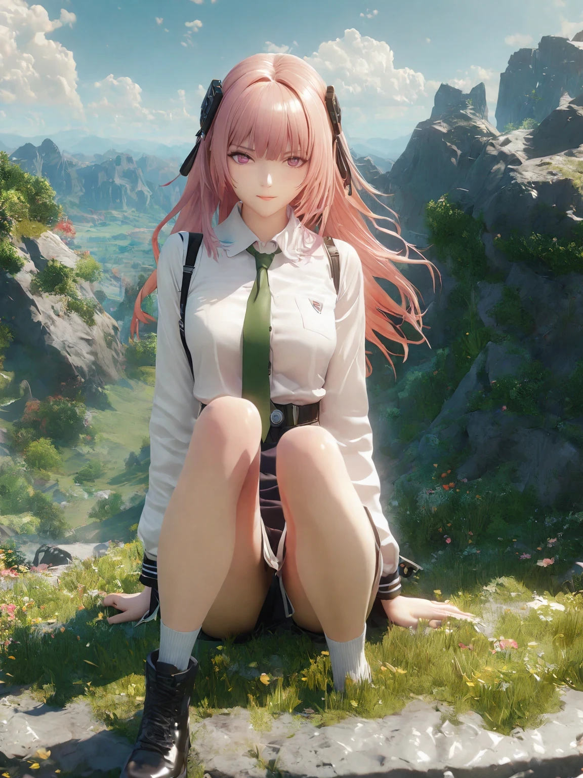 diy2，Highest quality, ultra-high definition, masterpieces, 8k, realistic, anime styled, 3d render，anime girl sitting on the ground in a field with a green tie, anime visual of a cute girl, marin kitagawa fanart, fine details. girls frontline, smooth anime cg art, from girls frontline, beautiful anime high school girl, girls frontline style, girl wearing uniform, girls frontline cg, painted in anime painter studio, makoto shinka, official art
