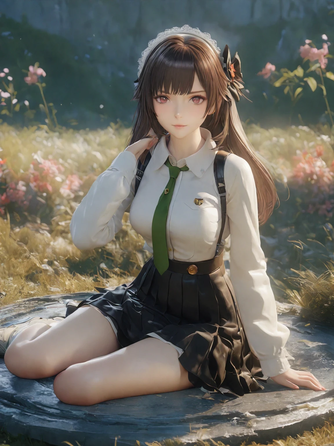 diy2，Highest quality, ultra-high definition, masterpieces, 8k, realistic, anime styled, 3d render，anime girl sitting on the ground in a field with a green tie, anime visual of a cute girl, marin kitagawa fanart, fine details. girls frontline, smooth anime cg art, from girls frontline, beautiful anime high school girl, girls frontline style, girl wearing uniform, girls frontline cg, painted in anime painter studio, makoto shinka, official art
