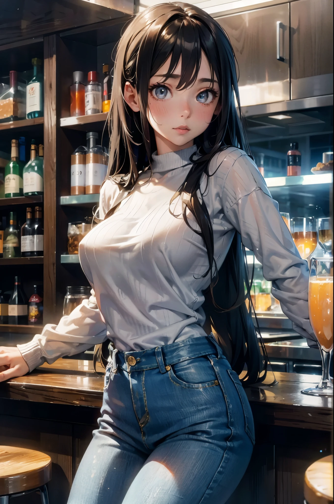 8K, best quality, Realistic photos, realistic details, Clear face, Exquisite facial features, real skin glow, a cute girl, Shy, face camera, Girl wearing gray fishnet sweater and tight denim sitting at bar, clear bar background, sea view, arms on bar counter, buttocks, slim, big breasts, 24 years old, charming, Seductive eyes
