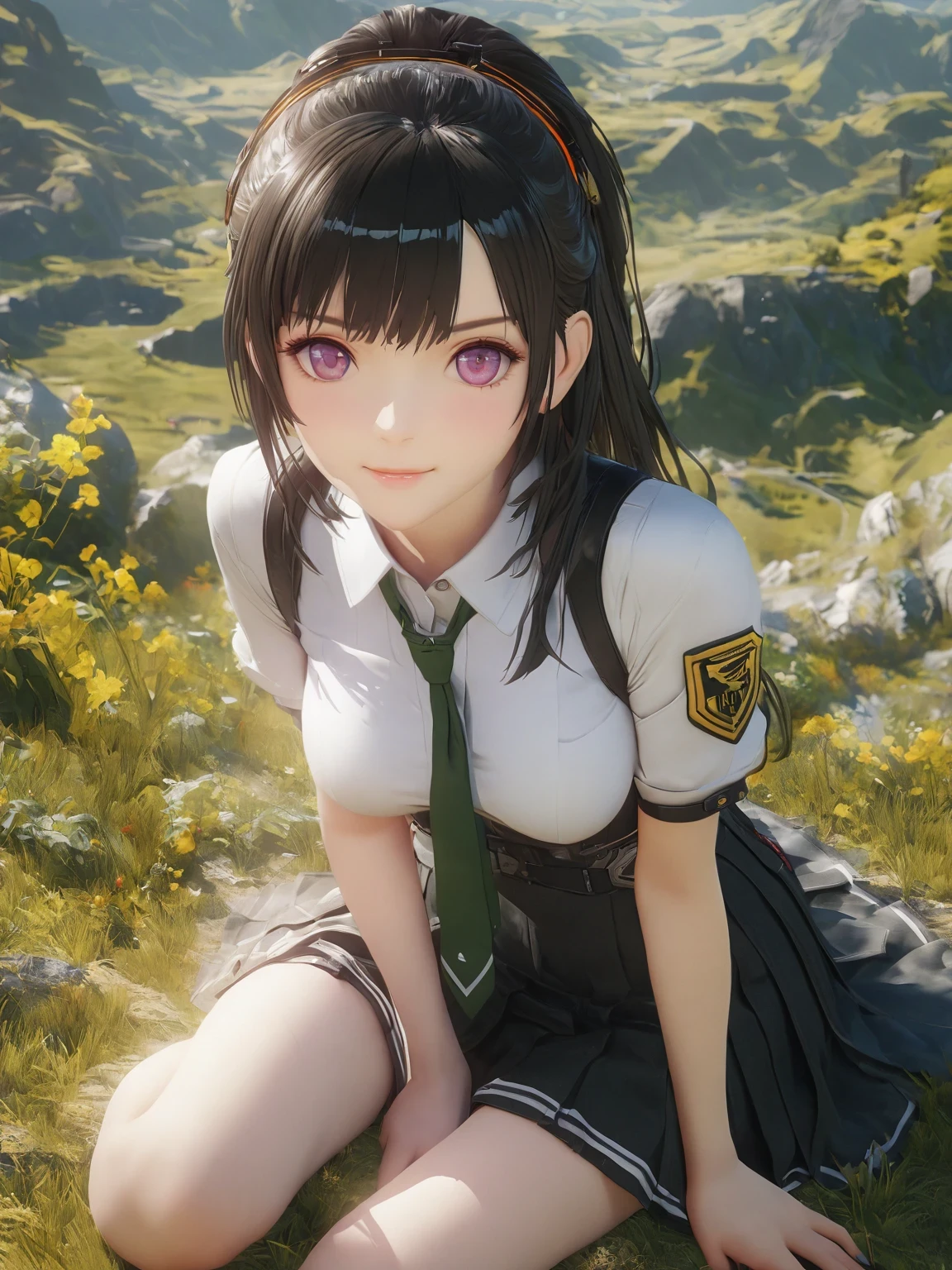 diy2，Highest quality, ultra-high definition, masterpieces, 8k, realistic, anime styled, 3d render，anime girl sitting on the ground in a field with a green tie, anime visual of a cute girl, marin kitagawa fanart, fine details. girls frontline, smooth anime cg art, from girls frontline, beautiful anime high school girl, girls frontline style, girl wearing uniform, girls frontline cg, painted in anime painter studio, makoto shinka, official art
