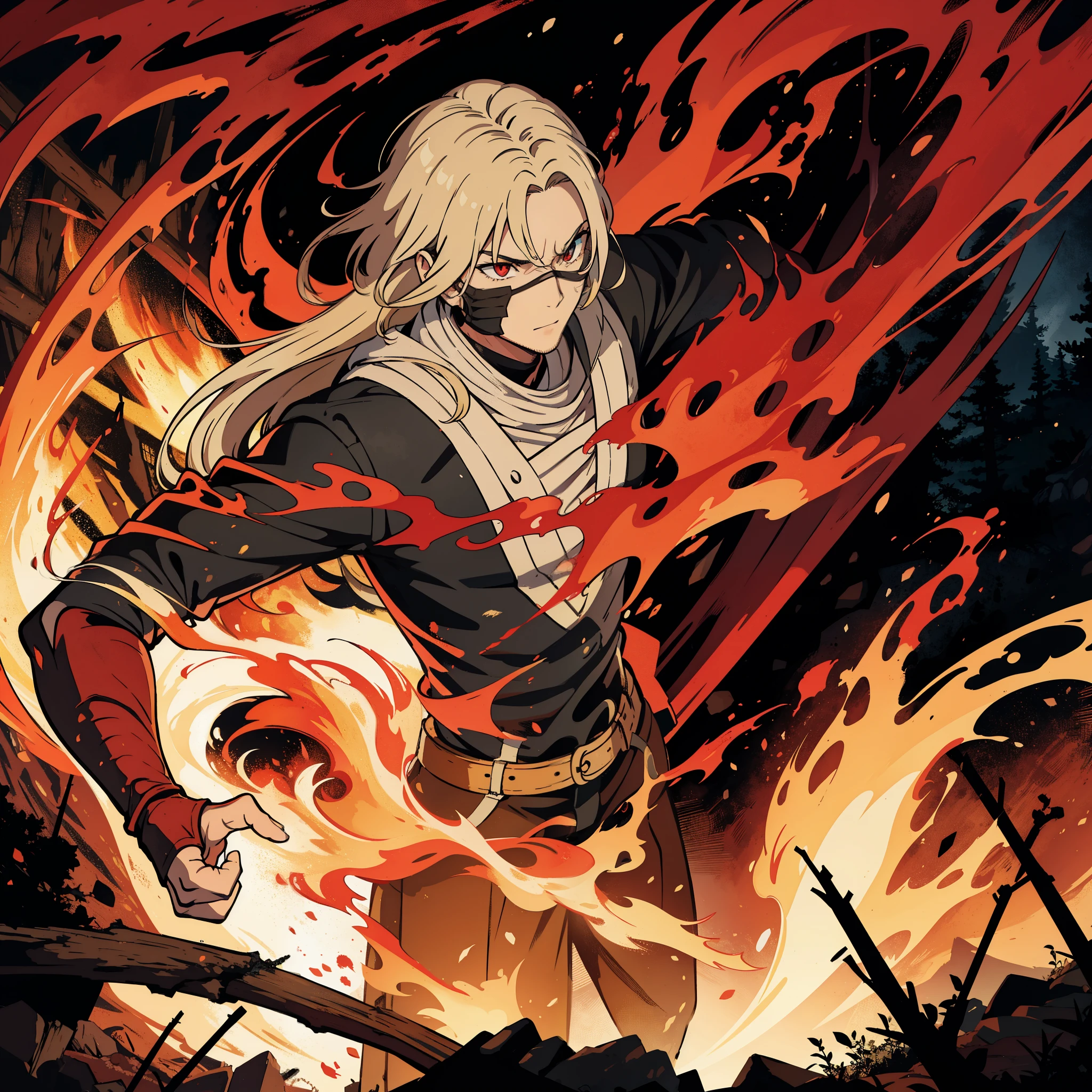 2D, (1man:1.5), Rhaegar - Displaying unmatched sword skills as he battles the grotesque creatures in the forest. His face a mask of determination and fury, eyes glowing with a primal fire. Blood splatters around, creating a red scene.