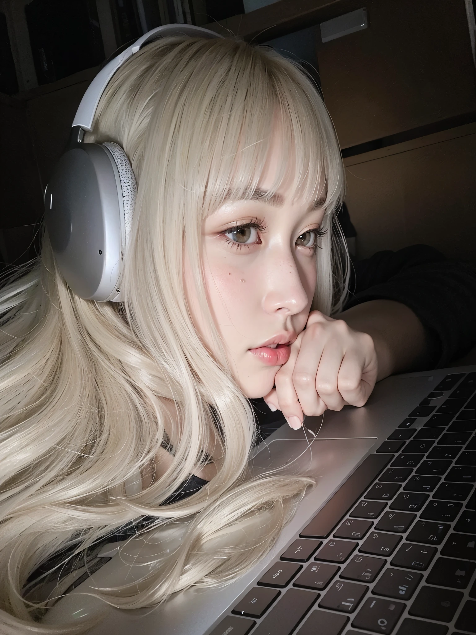 blond haired woman with headphones on looking at a laptop, with white long hair, her hair is white, long white hair and bangs, with long white hair, perfect white haired girl, white bangs, hair whitebangs hair, girl with white hair, ulzzang, lalisa manobal, lalisa manoban of blackpink, white hime cut hairstyle
