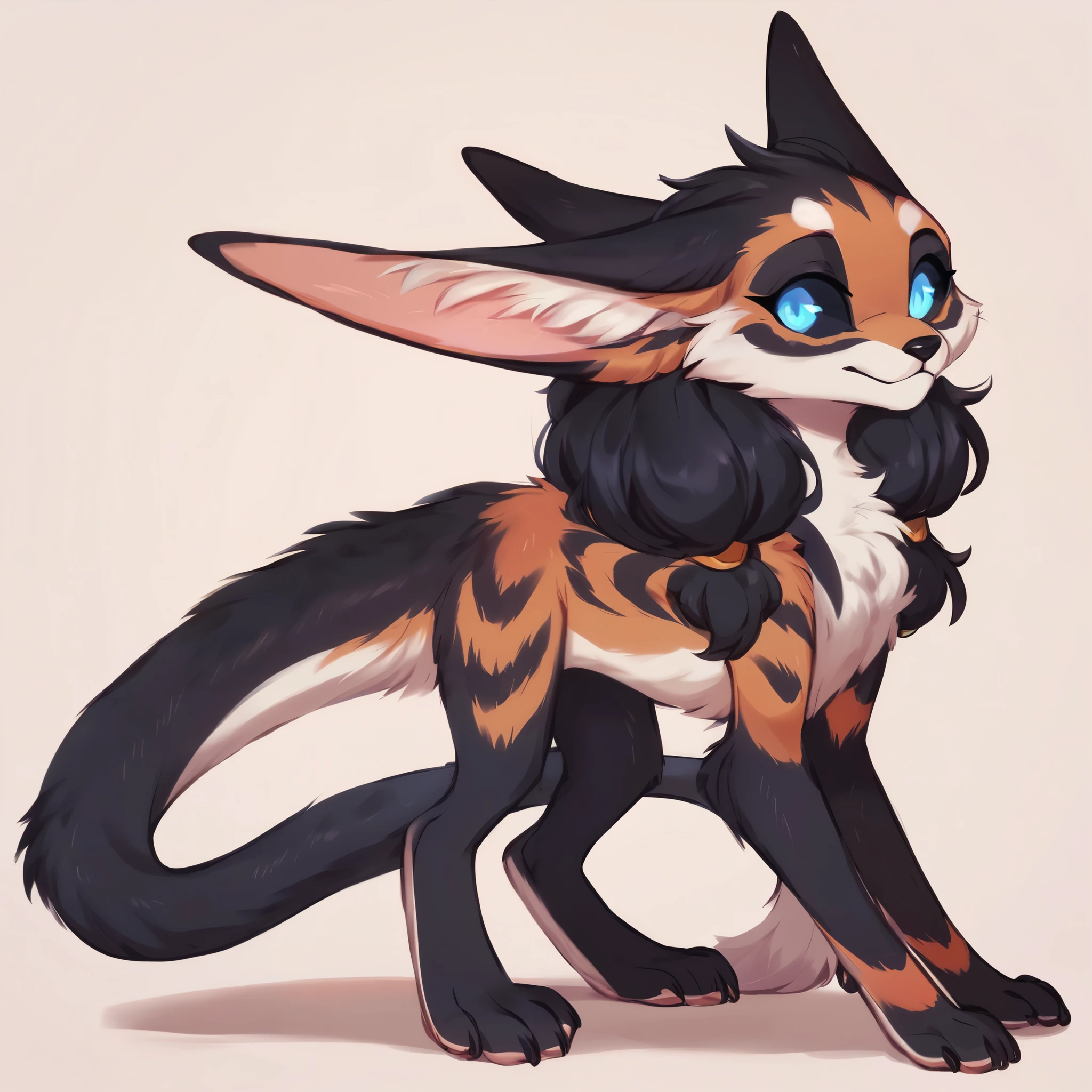 score_9, score_8_up, score_7_up, score_6_up, score_5_up, score_4_up, show accurate, full body, simple background, solo, feral chupacabra, female chupacabra, teenage chupacabra, adorable face, standing on all fours, black sclera, sapphire blue eyes, bright eyes, playful look, overflowing emotion, skinny body, full black fur, white fur, white face, white chest, black color tail, black legs, long ears, ears raised,