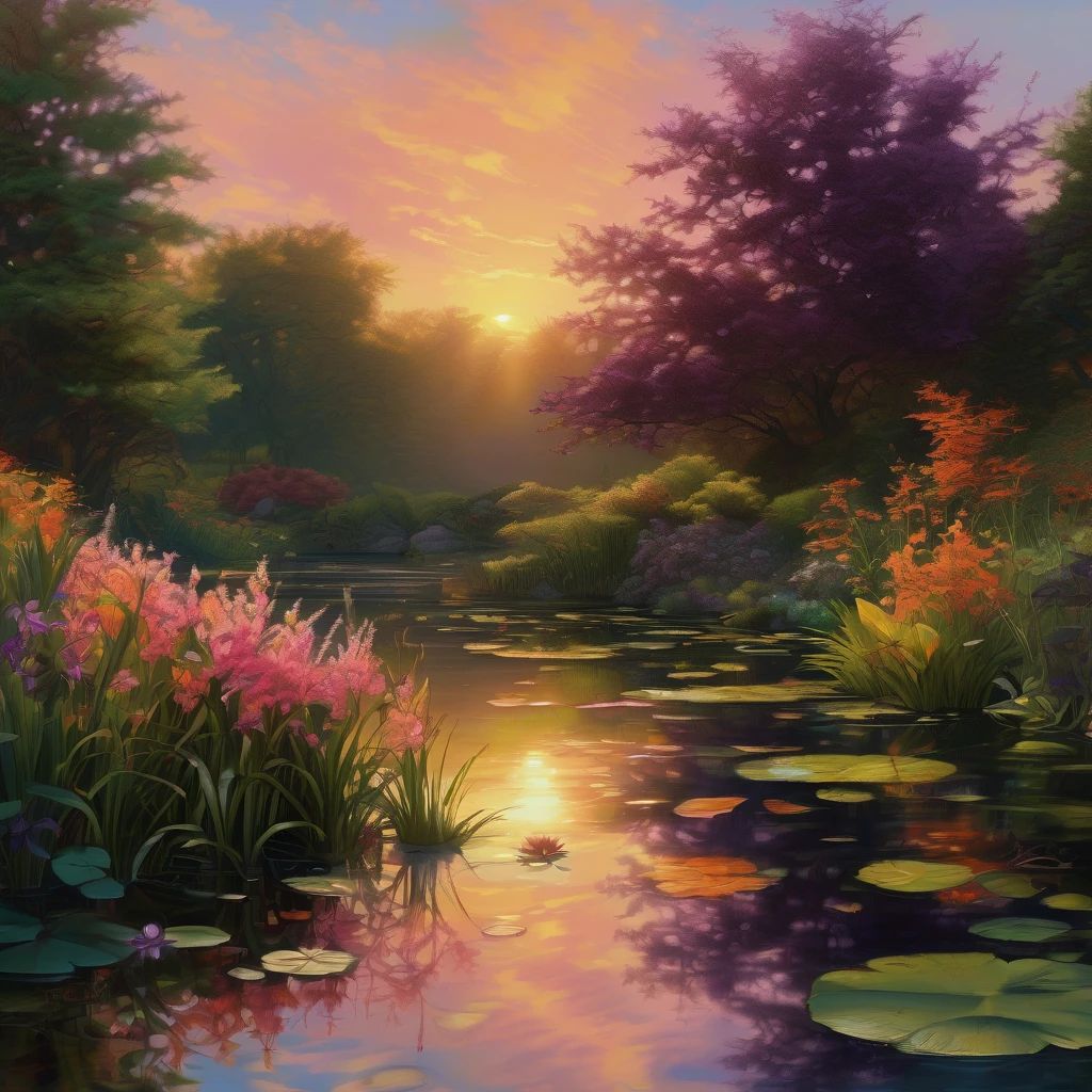 Evening Pond, aesthetic, A tranquil evening scene of a pond surrounded by lush vegetation, reflecting the warm glow of the setting sun on its calm surface. The medium used to create this artwork is oil painting, providing a rich and textured appearance. The pond is filled with crystal-clear water, allowing the details of the aquatic plants and colorful fish to be visible beneath the surface. The soft, golden light of the setting sun bathes the scene, creating a serene and peaceful atmosphere. The colors used in this artwork are warm and vibrant, with shades of orange, pink, and purple dominating the palette. The lighting in the scene is gentle, with the sunlight filtering through the trees and casting elegant shadows on the water's edge. The overall image quality of this artwork is of high resolution, delivering stunning details that captivate the viewer's attention.