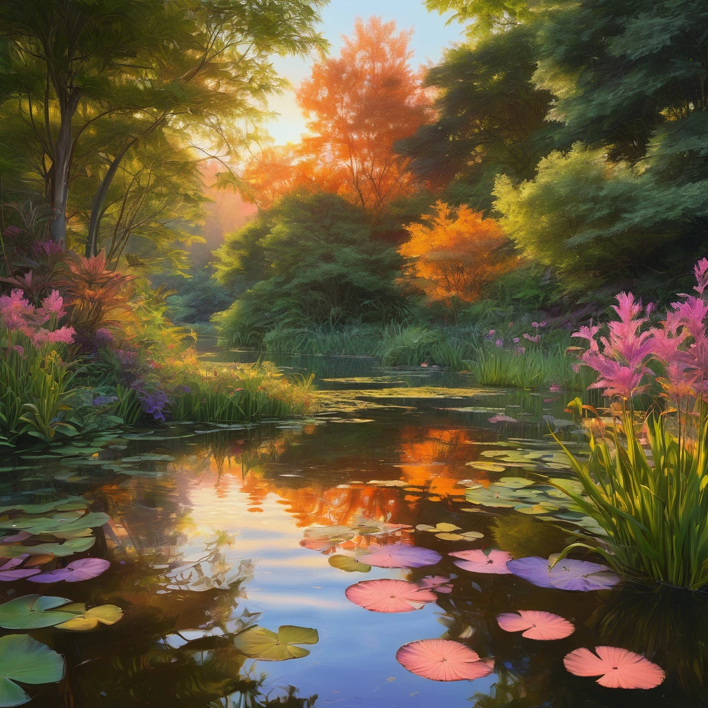 Evening Pond, aesthetic, A tranquil evening scene of a pond surrounded by lush vegetation, reflecting the warm glow of the setting sun on its calm surface. The medium used to create this artwork is oil painting, providing a rich and textured appearance. The pond is filled with crystal-clear water, allowing the details of the aquatic plants and colorful fish to be visible beneath the surface. The soft, golden light of the setting sun bathes the scene, creating a serene and peaceful atmosphere. The colors used in this artwork are warm and vibrant, with shades of orange, pink, and purple dominating the palette. The lighting in the scene is gentle, with the sunlight filtering through the trees and casting elegant shadows on the water's edge. The overall image quality of this artwork is of high resolution, delivering stunning details that captivate the viewer's attention.