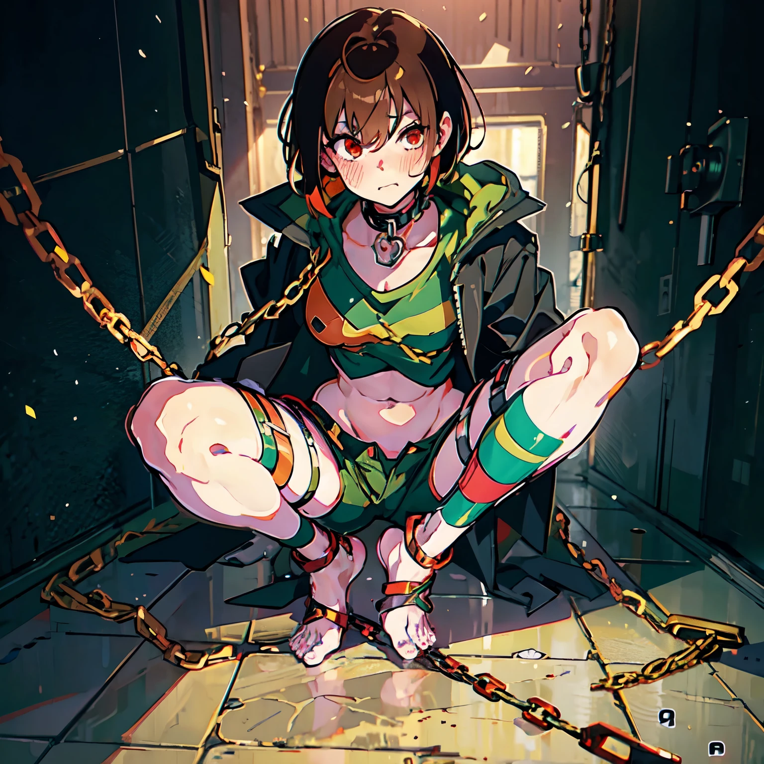 Anime,In a cage,whole body,With a disappointed expression on face, Sticking out tongue,Binding band,handcuffs,Hands bound by handcuffs from above,Limb restraint,Large chest,Bound,Chara ,canon ,fanon ,green striped sweater ,shorts ,red eyes ,brown hair ,short hair ,barefoot, Green thong ,blush ,locket ,scoop neck,Leg rings, ankle shackles, chains,collared ,saliva,squatting,spread legs apartwhite jacket,Collar,Opening on the clothes,Show chest muscles, show back muscles,Showcasing abdominal ,Sexy muscles,Muscles, abdominal muscles,toes,Floor tiles,Iron chains