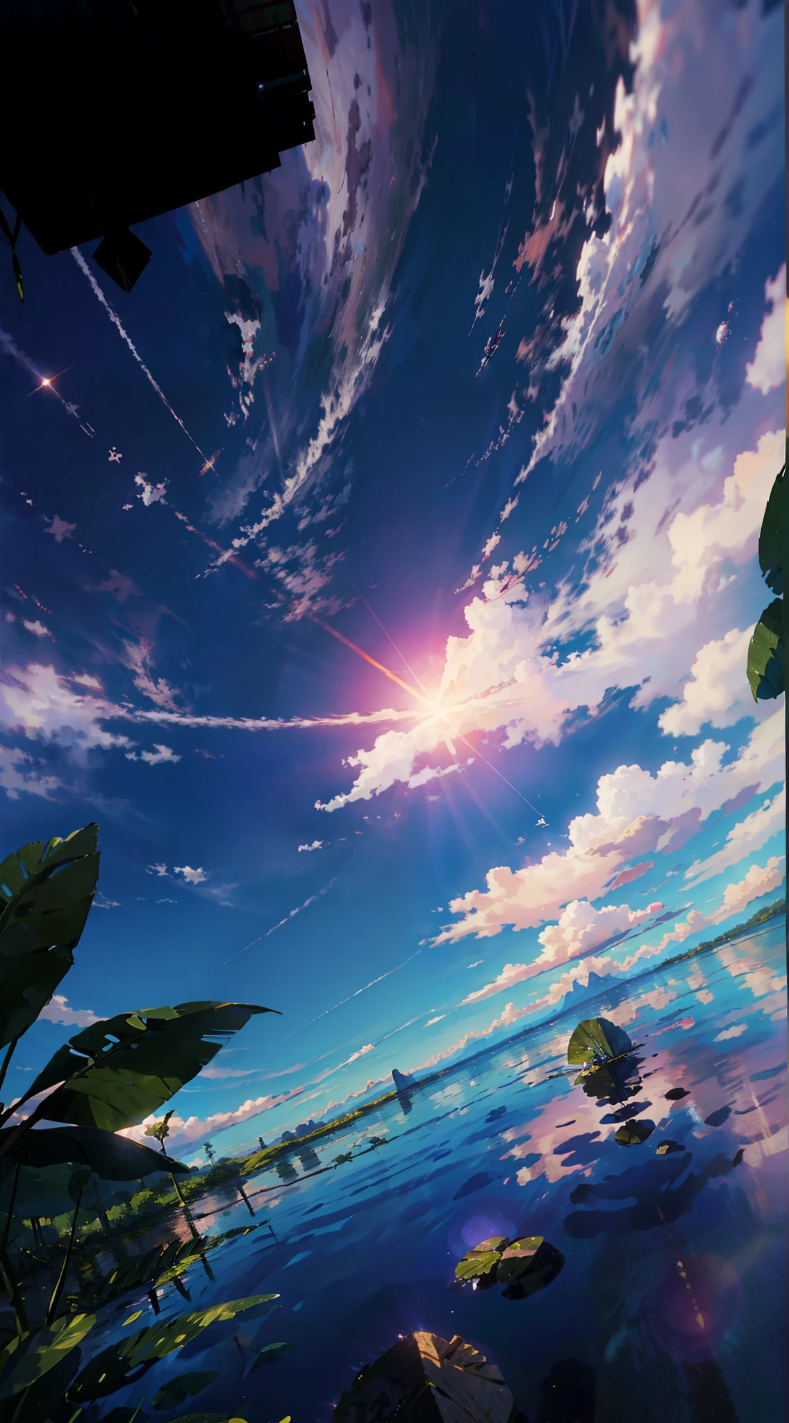 Summer, White Clouds, Runway: 1.2, Tree, Shooting Star, Small Waterhole, Reflection, Shady, Sunlight, Wide Angle, Best Quality, 8K, Perspective, Depth of Field, High Resolution, Fine Detail, Ultra Detail, Sharp Focus