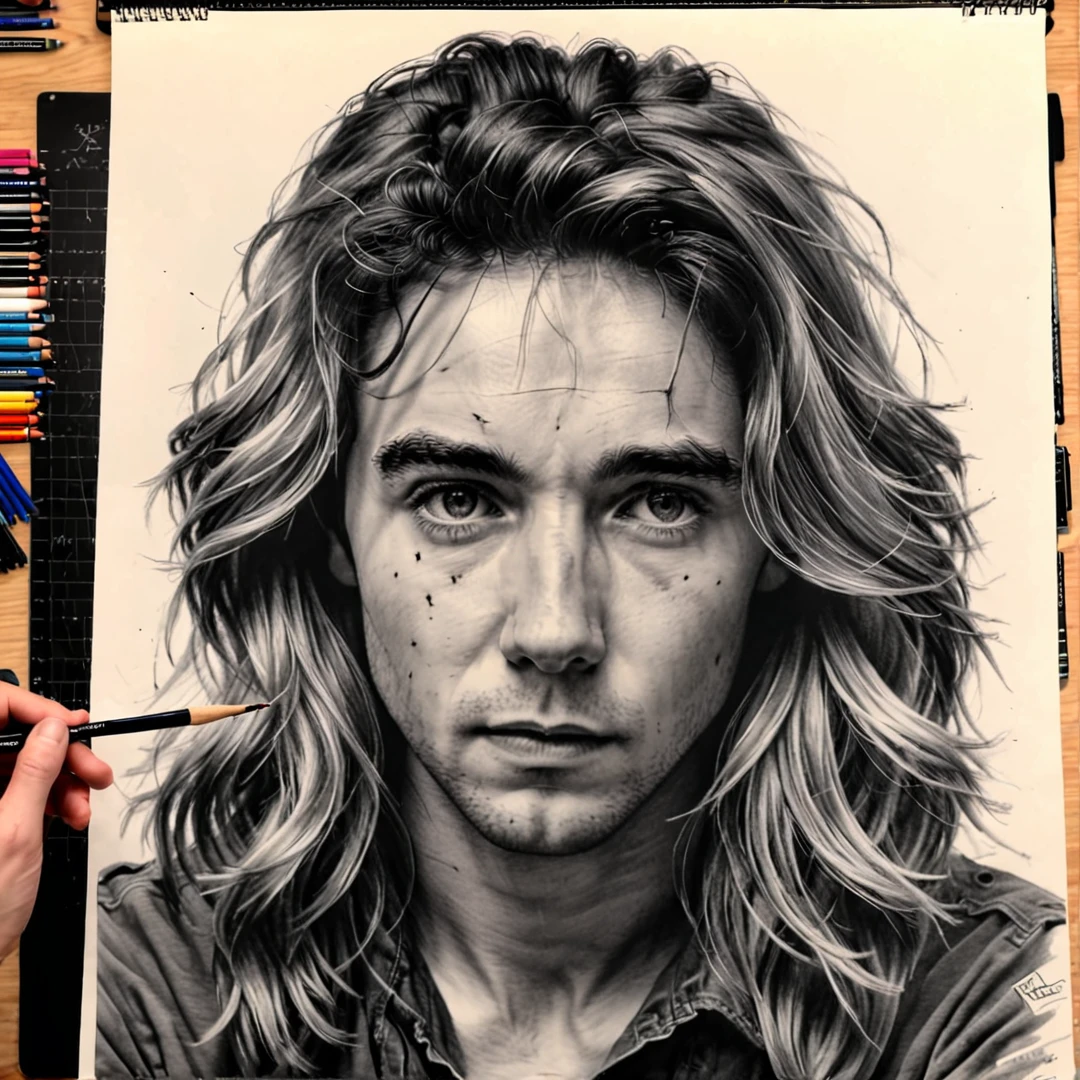 sketching on ivory paper with charcoal pencil of ((ohwx man)), mark_mckenna, (looking at the viewer:1.2),
long hair, blond, best quality, high quality, (realistic), UHD, ultrarealistic, noise,
soft skin, long messy hair, film grain, analog film style, woman, wide hips,
(best quality:1.2), atmosphere