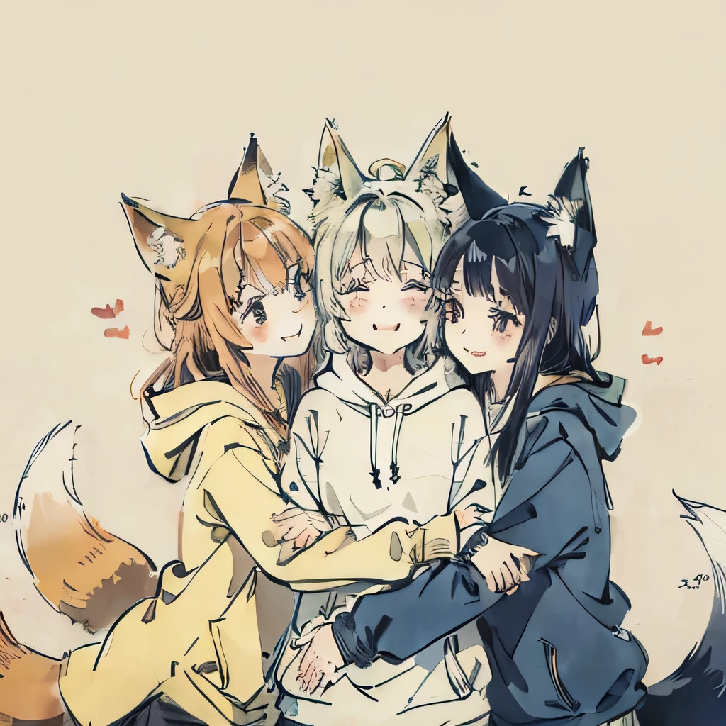 3 girls hugging each other wearing hoodie, fox ears and tail.