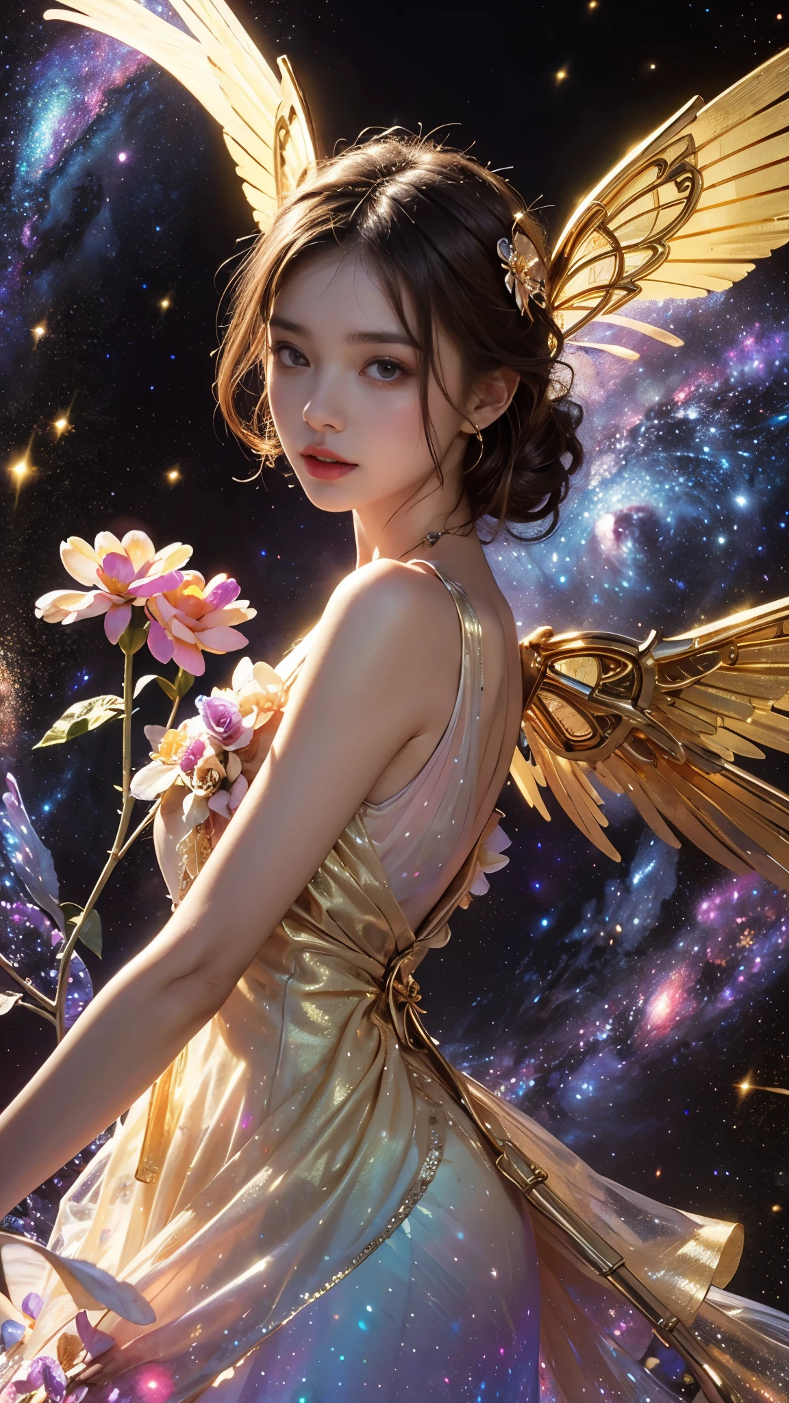 4k ultra hd, masterpiece, a girl, good face, detailed eyes, detailed lips, flower fairy girl, big wings, transparent wings, neon lights, (galaxy background:1.5), (flower dress:1.8), (golden dress:1.5), in the heaven,
