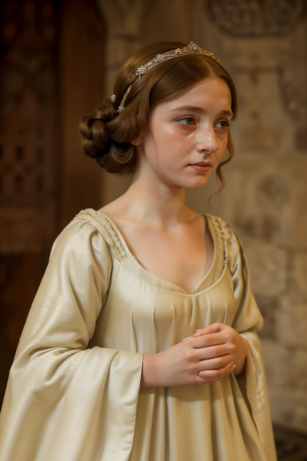 England, 1349. ((((16-year-old)) lady Matilda)), pale and dainty, innocent, shy, freckles, ((scared expression, crying)). ((((clothings from the 1340s, gown)))), ((hairstyle of the 1340s))