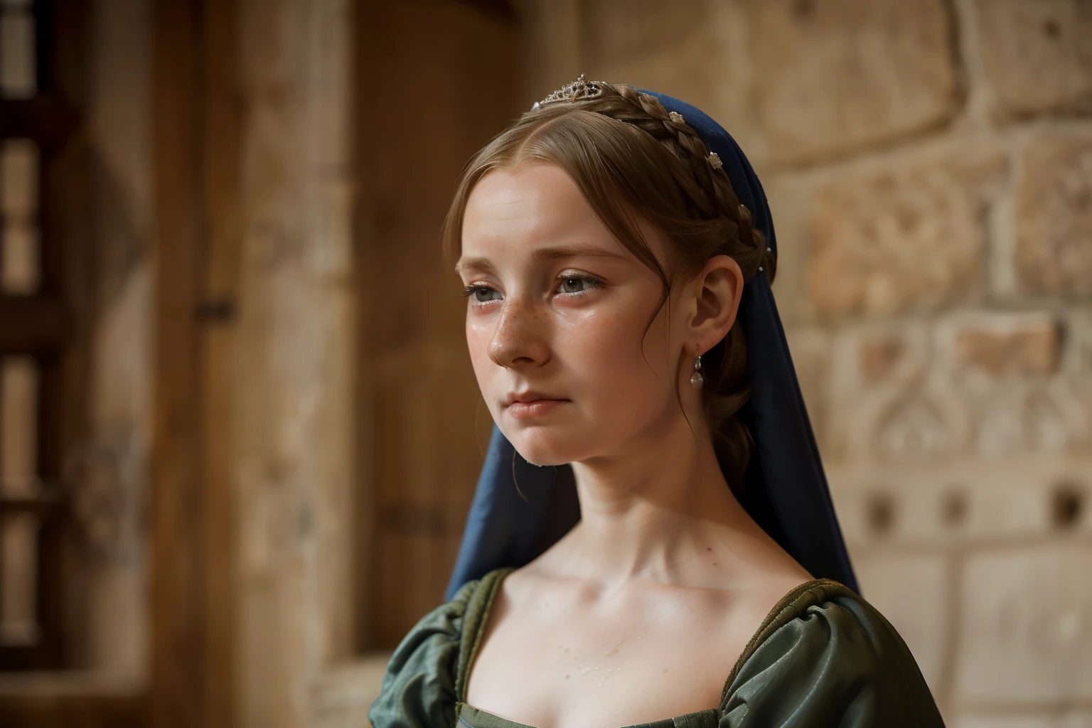 England, 1349. ((((-yeld)) y Matilda)), pale and dainty, innocent, shy, freckles, ((scared expression, crying)). ((((clothings from the 1340s, gown)))), ((hairstyle of the 1340s))