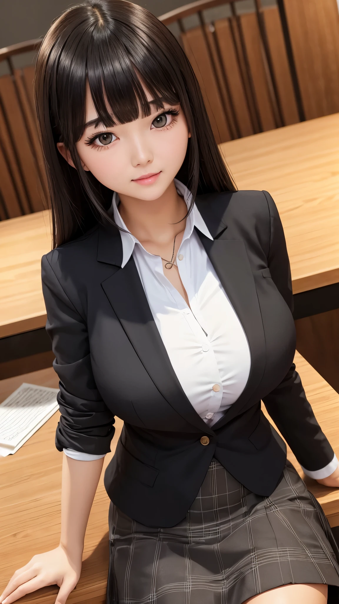 ((high quality)), ((table top)), (detailed face), (highlight), female、Big breasts、blunt bangs、black hair、skirt、blazer