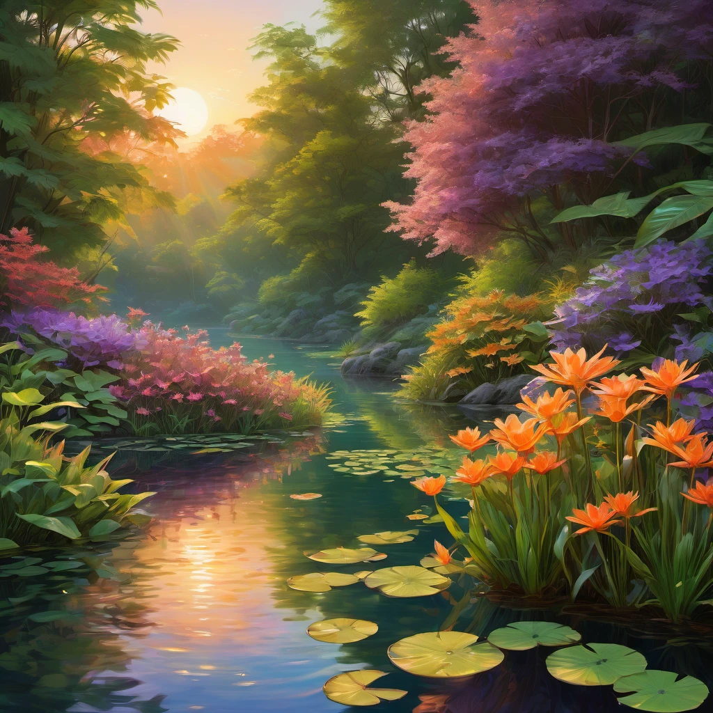 Evening Pond, aesthetic, A tranquil evening scene of a pond surrounded by lush vegetation, reflecting the warm glow of the setting sun on its calm surface. The medium used to create this artwork is oil painting, providing a rich and textured appearance. The pond is filled with crystal-clear water, allowing the details of the aquatic plants and colorful fish to be visible beneath the surface. The soft, golden light of the setting sun bathes the scene, creating a serene and peaceful atmosphere. The colors used in this artwork are warm and vibrant, with shades of orange, pink, and purple dominating the palette. The lighting in the scene is gentle, with the sunlight filtering through the trees and casting elegant shadows on the water's edge. The overall image quality of this artwork is of high resolution, delivering stunning details that captivate the viewer's attention.