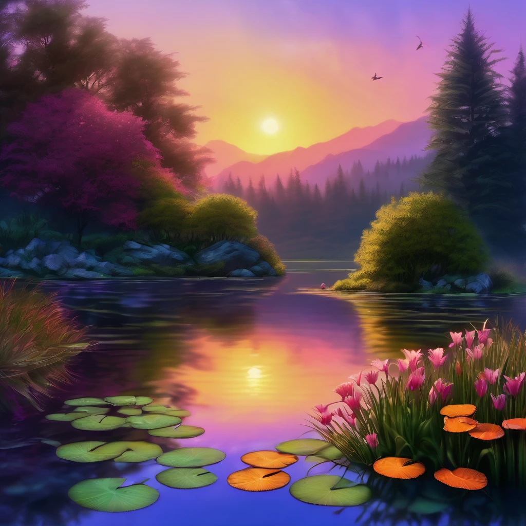 Evening Pond, aesthetic, A tranquil evening scene of a pond surrounded by lush vegetation, reflecting the warm glow of the setting sun on its calm surface. The medium used to create this artwork is oil painting, providing a rich and textured appearance. The pond is filled with crystal-clear water, allowing the details of the aquatic plants and colorful fish to be visible beneath the surface. The soft, golden light of the setting sun bathes the scene, creating a serene and peaceful atmosphere. The colors used in this artwork are warm and vibrant, with shades of orange, pink, and purple dominating the palette. The lighting in the scene is gentle, with the sunlight filtering through the trees and casting elegant shadows on the water's edge. The overall image quality of this artwork is of high resolution, delivering stunning details that captivate the viewer's attention.