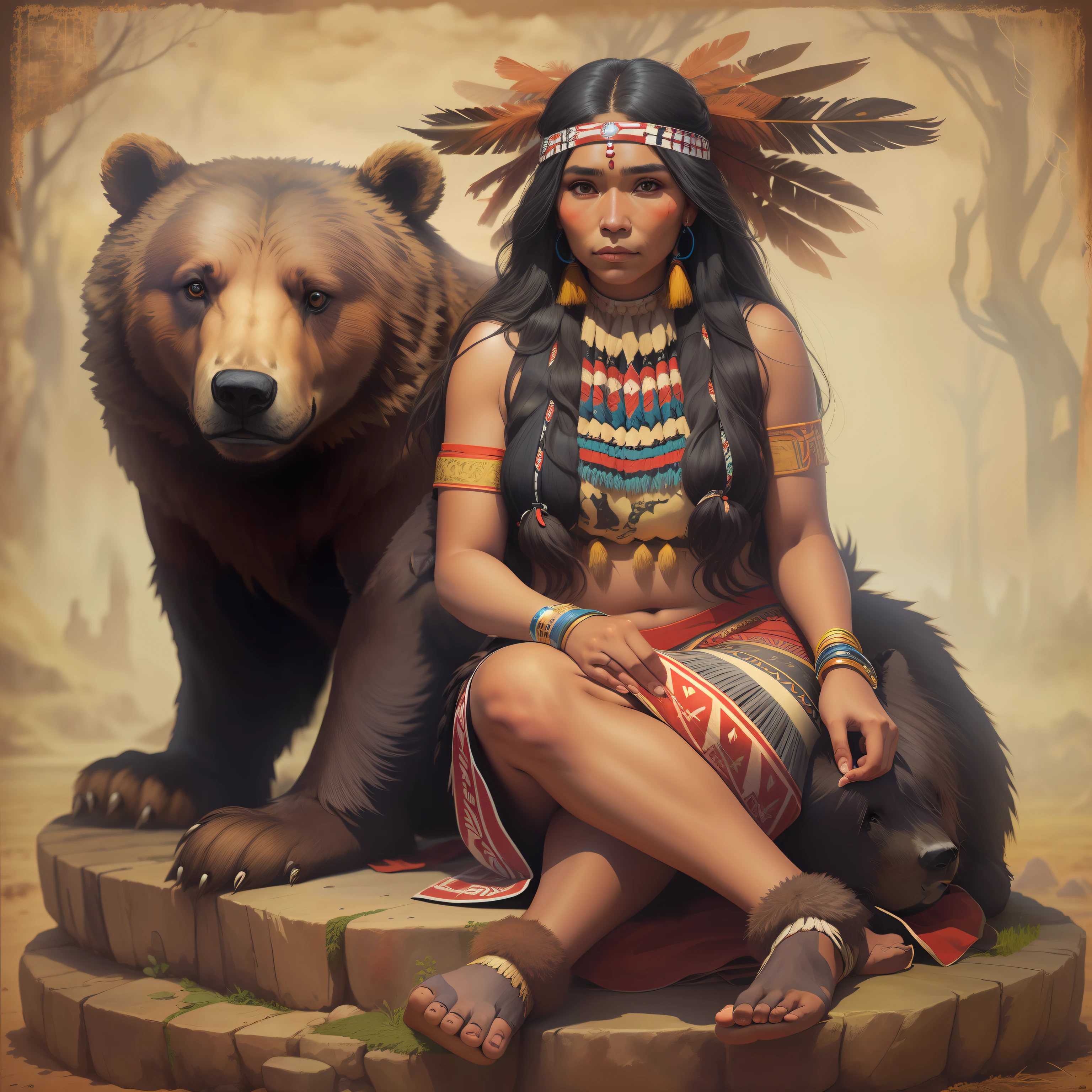 A beautiful indigenous woman sitting on top of a bear, cabelos pretos longos cacheados com franja, rosto bonito, imagem alto detalhe, simetria, Arte de Fantasia