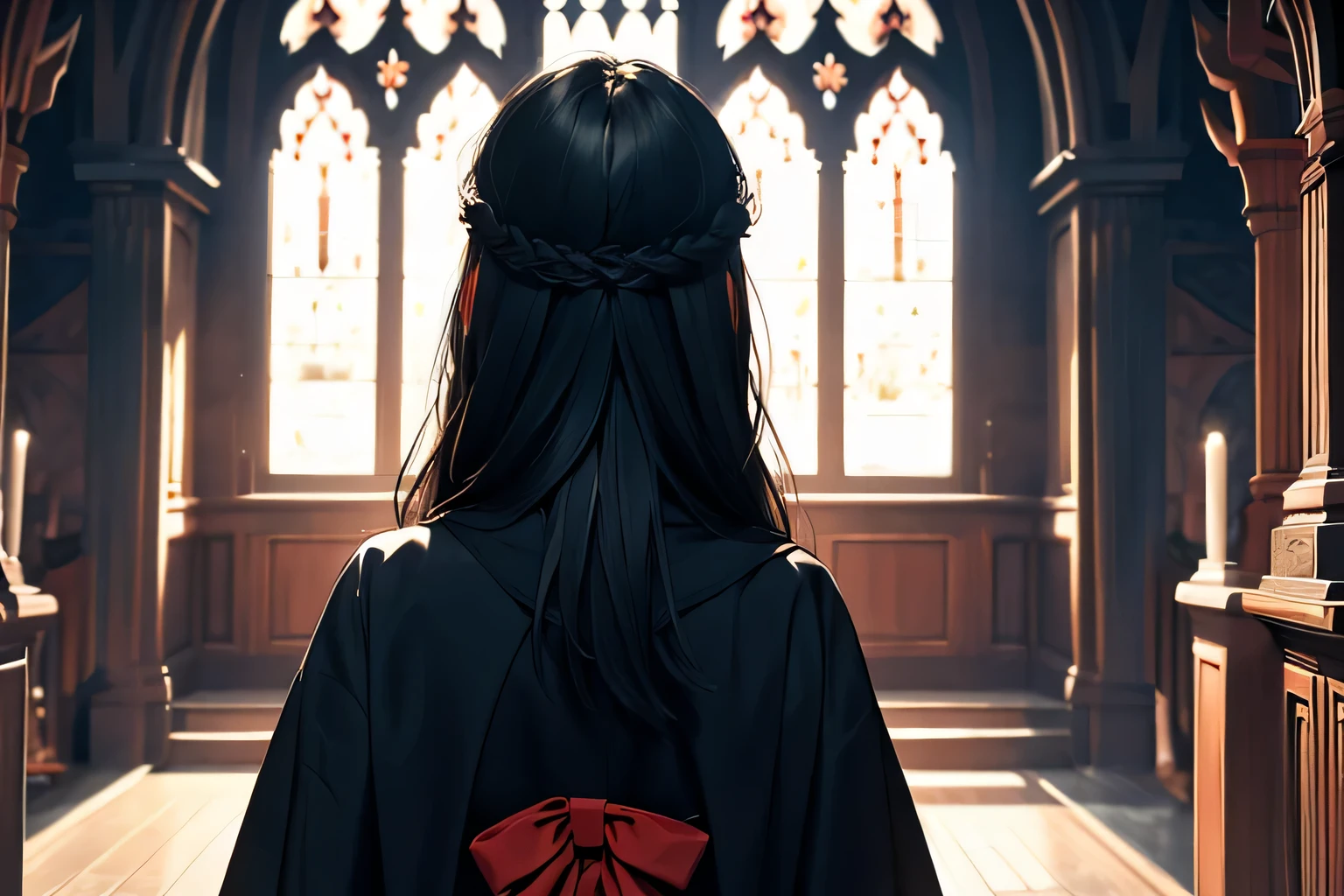 Illustration of a girl with long black hair, seen from behind, attending a funeral, sad atmosphere, mourning, medieval theme
