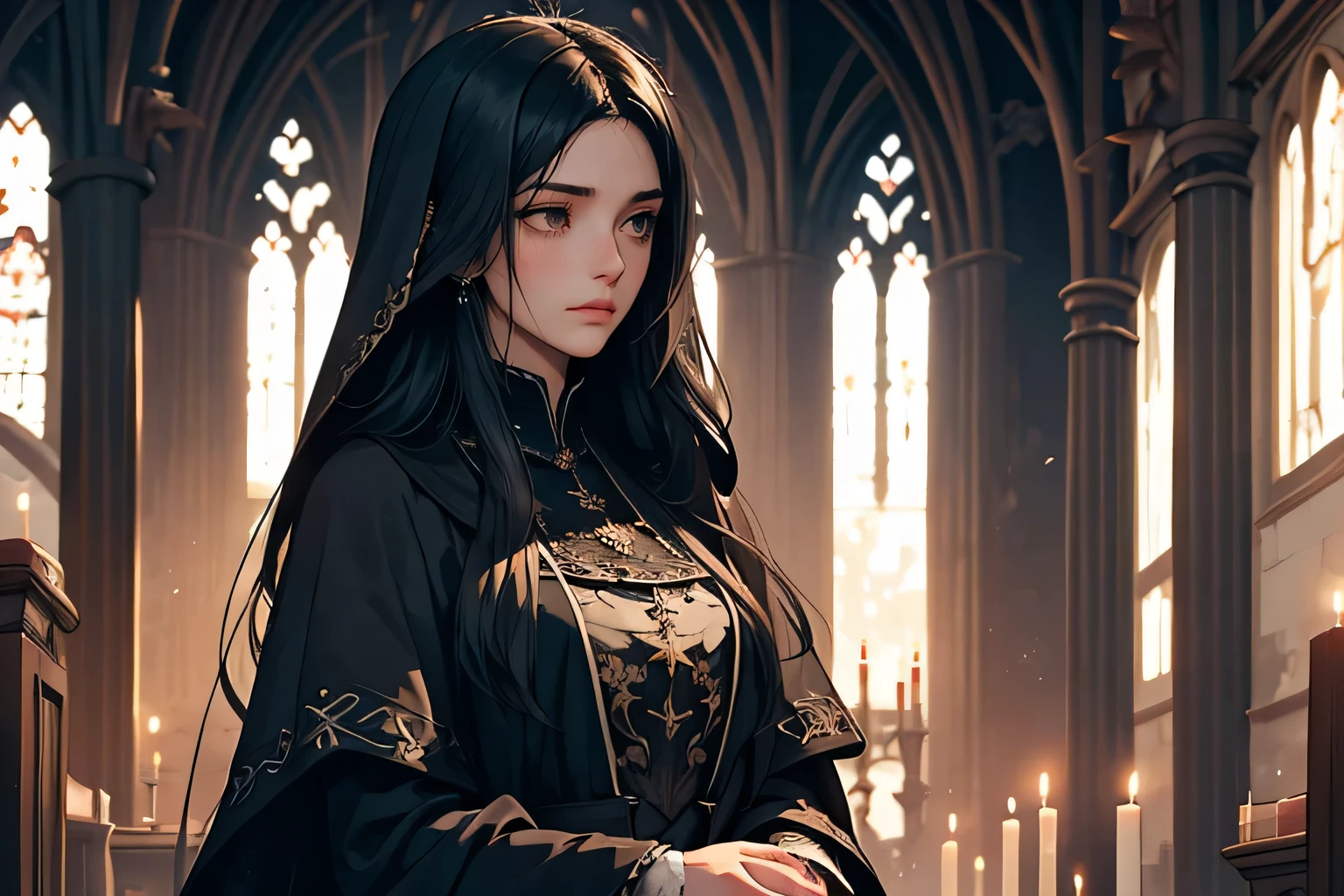 llustration of a sorrowful girl with flowing long black hair, depicted from behind at a somber medieval funeral setting. The scene exudes a melancholic atmosphere with themes of mourning.