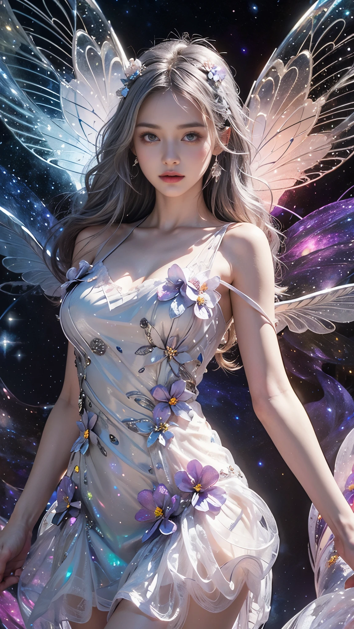4k ultra hd, masterpiece, a girl, good face, detailed eyes, detailed lips, flower fairy girl, big wings, transparent wings, neon lights, (galaxy background:1.5), (flower dress:1.8), (silver dress:1.5), in the heaven,