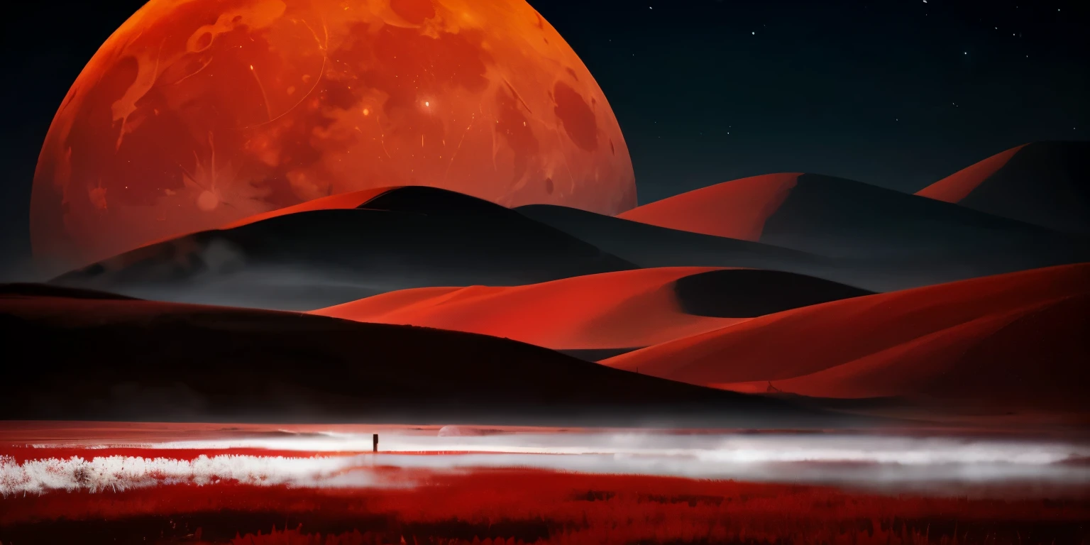 masterpiece, (Perfect quality), (Red & white),in flat landscape, (1 moon), (big night city), (Huge red moon), mist