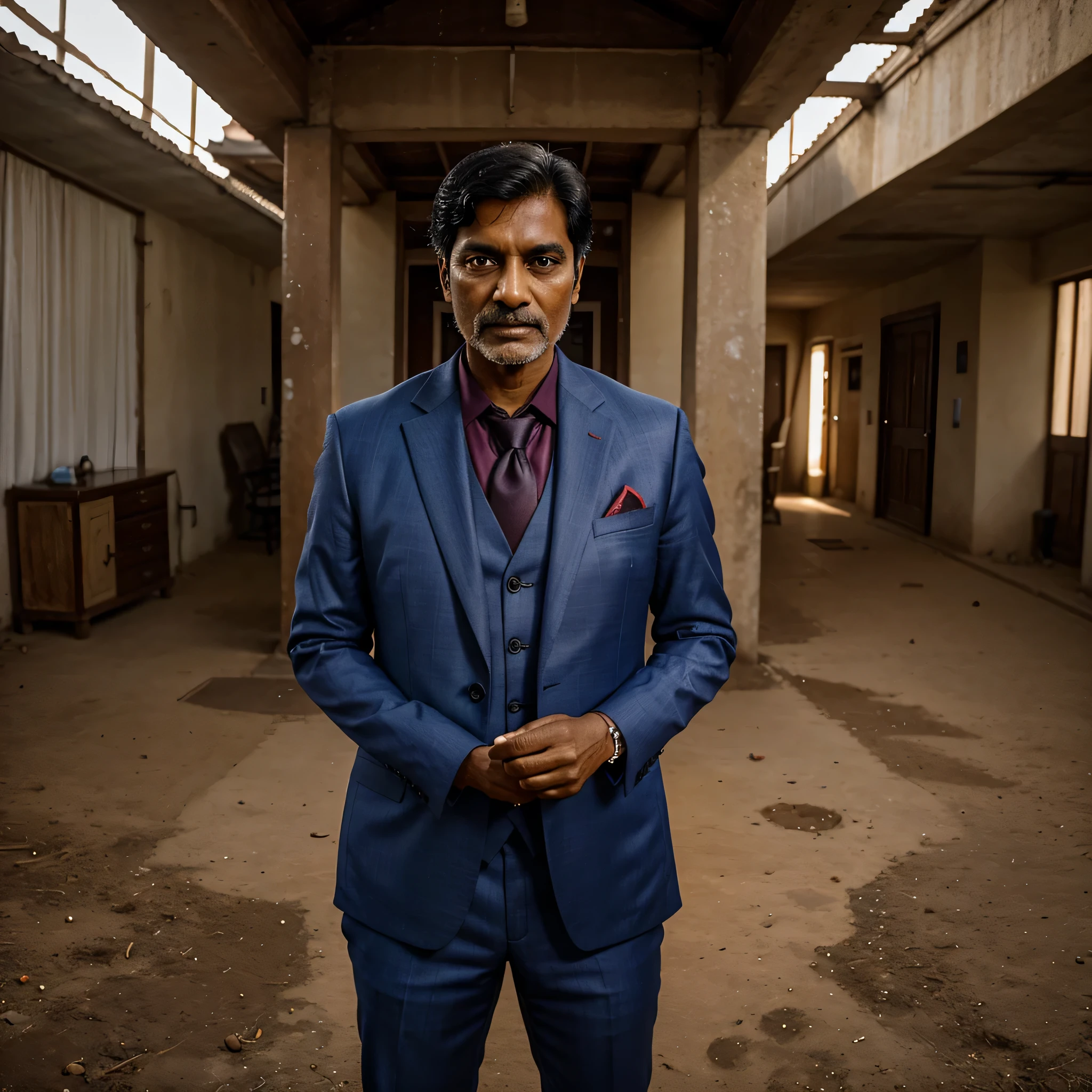 indian man 55 yo in suit standing , looking at camera , 4k , realistic , HDR , 