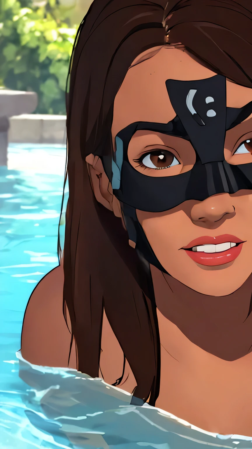 ((close-up, eye mask)), a 20yo woman  (long straight brown hair, brown eyes),  ((wearing black bikini)), ((Eye Mask):1.3), in a pool, (masterpiece, best quality:1.2), photorealistic, HDR, 4K, 8K, 16K