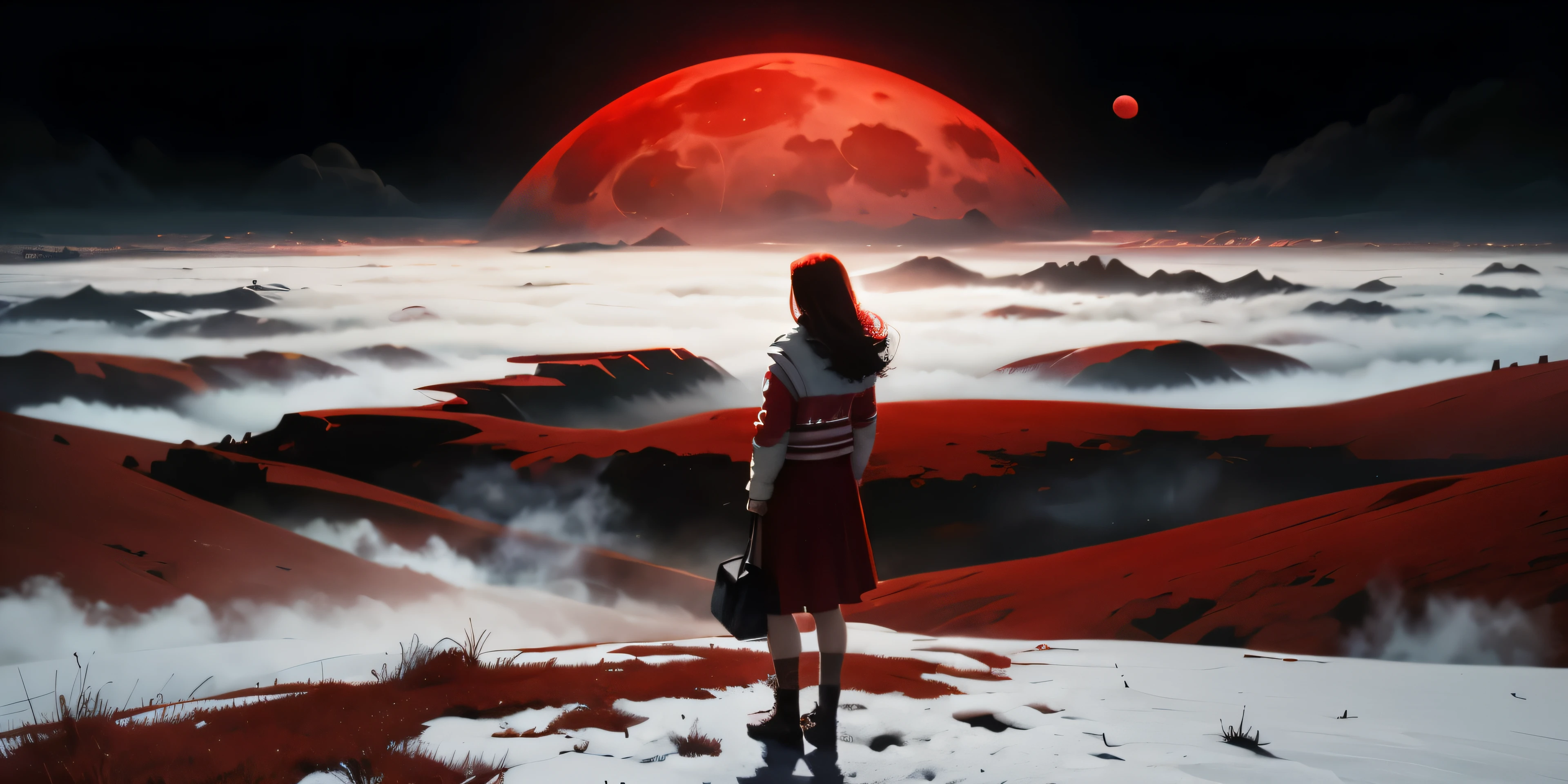 masterpiece, (Perfect quality), (Red & white),in flat landscape, (1 moon), (big night city), (Huge red moon), mist
