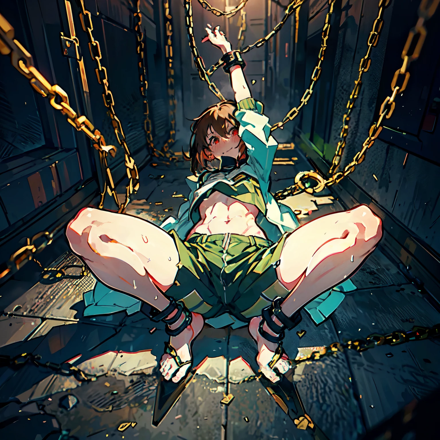 Anime，In a cage，whole body，happy smile, Sticking out  tongue，Binding band，handcuffs，Hands bound by handcuffs from above，Sweating profusely, wet clothes，Limb restraint，Large chest，Bound，Chara ，canon ，fanon ，green striped sweater ，shorts ，red eyes ，brown hair ，short hair ，barefoot， Green thong ，blush ，locket ，scoop neck，Leg rings, ankle shackles, chains，collared ，saliva，squatting，spread legs apartwhite jacket，Collar，Opening on the clothes，show back muscles，Showcasing abdominal ，Sexy muscles，Muscles, abdominal muscles，toes，Floor tiles，Iron chains