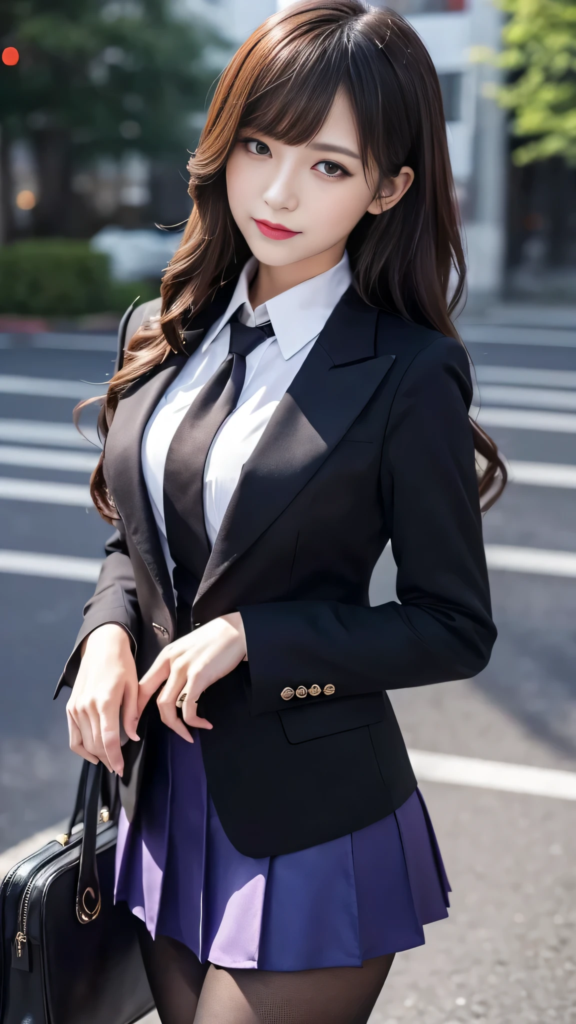 ltra-detailed、Japanese、attractive beauty、seductive adult woman、pretty woman、piercing eyes、cool girl、wavy hair、swept bangs、Female student、suit、Jacket、shirt、ribbon、blouse、Tight Skirt、pantyhose、beautiful feet、Evil cadres、evil depravity、brainwash、mind control、lipstick、smirk、dark makeup、hollow eyes,half-closed eyes、evil look、evil、empty eyes、evil、church at night、vampire、succubus、vampire、Swear allegiance、stand、