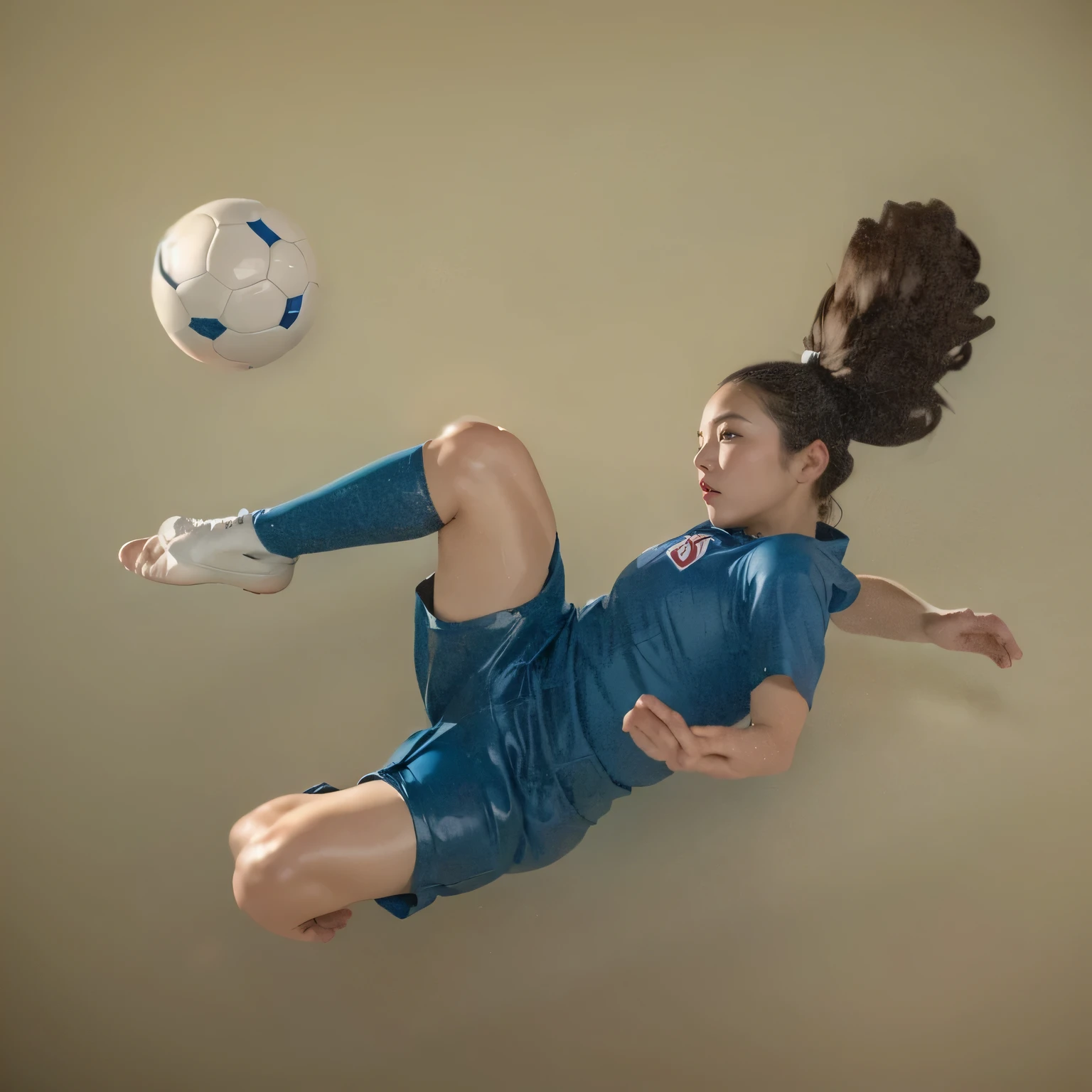 Top quality, 55mm lens,f/1,(full body:1.5), looking at soccer ball,
solo,1 beautiful japanese woman,beautiful eyes,bright pupils,Outraged,delicate face,detailed skin,perfect hands,perfect fingers,Blonde Hair,[Brown inner hair:1.35], wearing yellow color Sports bra, football shorts, football boots, a soccer, jumping posture, white background,