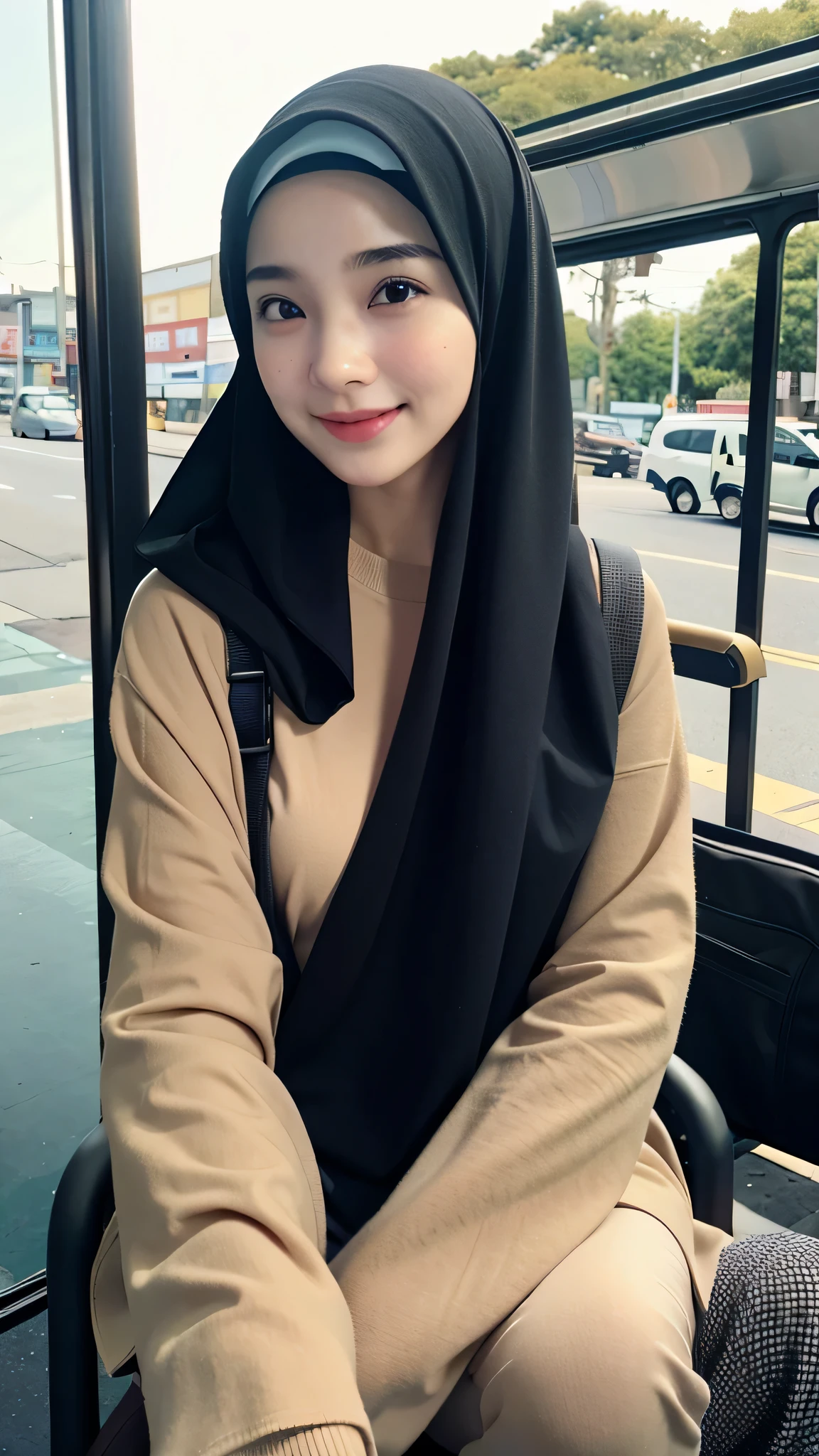 ((best quality)), ((masterpiece)), 1 girl, perfect face, indonesia, hijab, sharp nose, smile, half body, sits in a bus stop