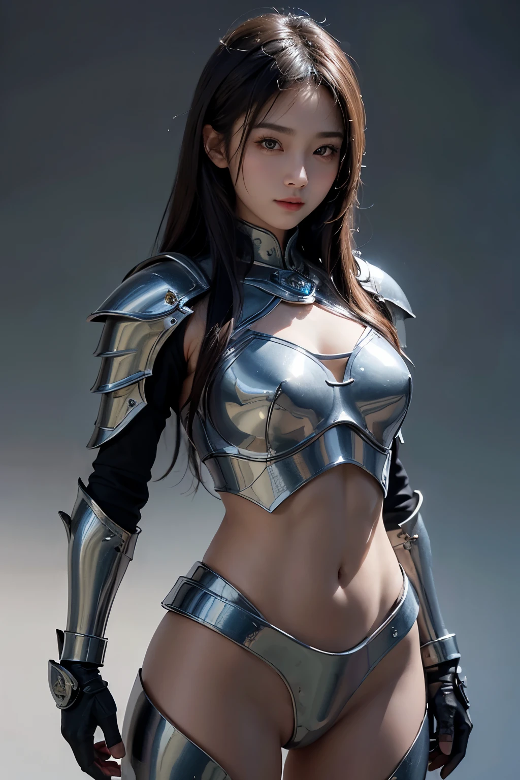 (Highest image quality, Excellent details, ultra high resolution), 1 girl,asian girl，Metal knight armor，bare belly , (Charming figure:1.2, Polished and muscular body), (a little fat:0.5), Background military base, gentle smile, dynamic poses, dramatic lighting, whole body 