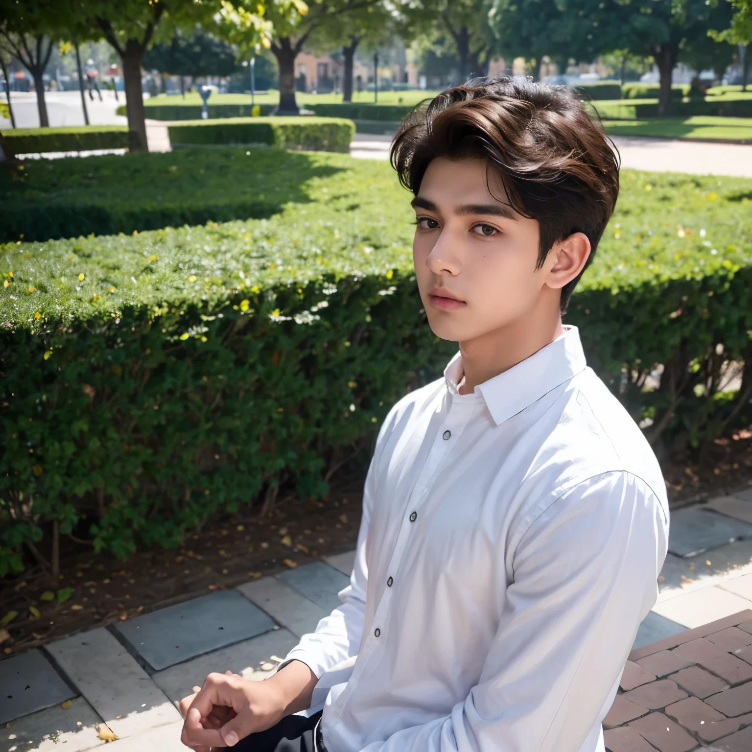 boy, 17 y.o, handsome, semi-caucasian face, comma hair, city park Indian boy