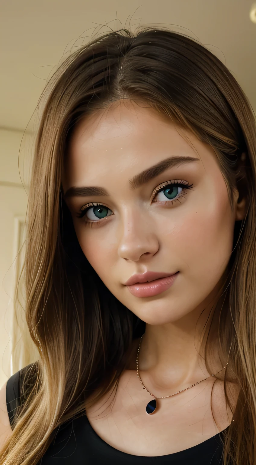 a close-up of a woman in a black top and a necklace, fotografia selfie 8k, look directly into the camera, look sexy into the camera, she stands in front of the camera, selfie taken directly from the front, selfie of a young woman, portrait of Sophie Mudd, blonde hair and big green eyes, beautiful blonde girl, sexy face, perfectly lit face, beautiful attractive face