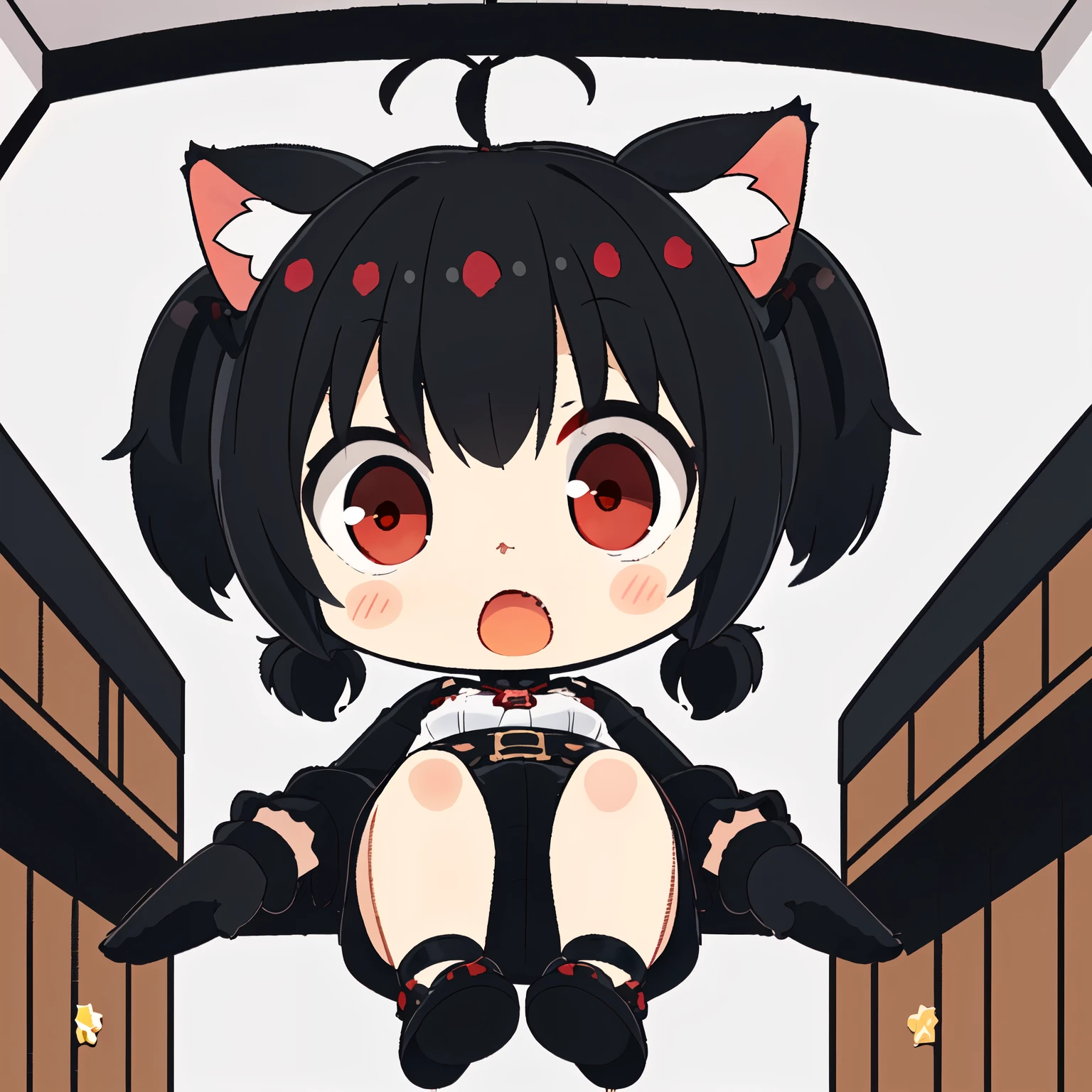 1girl, (chibi:1.4), annoyed, open mouth, upper body, lying on bed, ((black pigtails with cat ears , red eyes)) , indoors