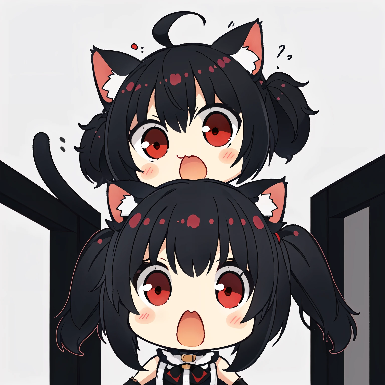 1girl, (chibi:1.4), annoyed, open mouth, upper body, lying on bed, ((black pigtails with cat ears , red eyes)) , indoors