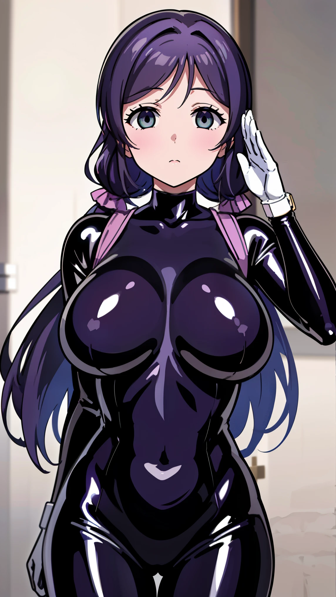 1 girl,NSFW,Nozomi Tojo, (lovelive), clavicle, absurd, brainwashing,Combatant, empty eyes,((purple glowing eyes 1.5))( huge breasts ), No expression, emotions are removed,((black latex tight bodysuit)),avert your eyes , whole body shape, ((stand up, salute)),(highest quality、4k、8K、High resolution、must have:1.2)、Super detailed、(reality、that&#39;s reality的な、reality的な:1.37)、ticker、hyper hd、studio lighting、ultra definition paint、sharp focus、Physically based rendering、extreme details、Professional specifications、vibrancy and color、blurry、sports portrait、landscape、horror style、anime big breasts、SF、photograph、concept artist、five fingers, perfect body,  {{{masterpiece}}}, {{{highest quality}}}, {{Super detailed}}, {shape}, {{very delicate and beautiful}},Improved cost performance、all roles、Canon 5D MK4でphotograph、photograph, 