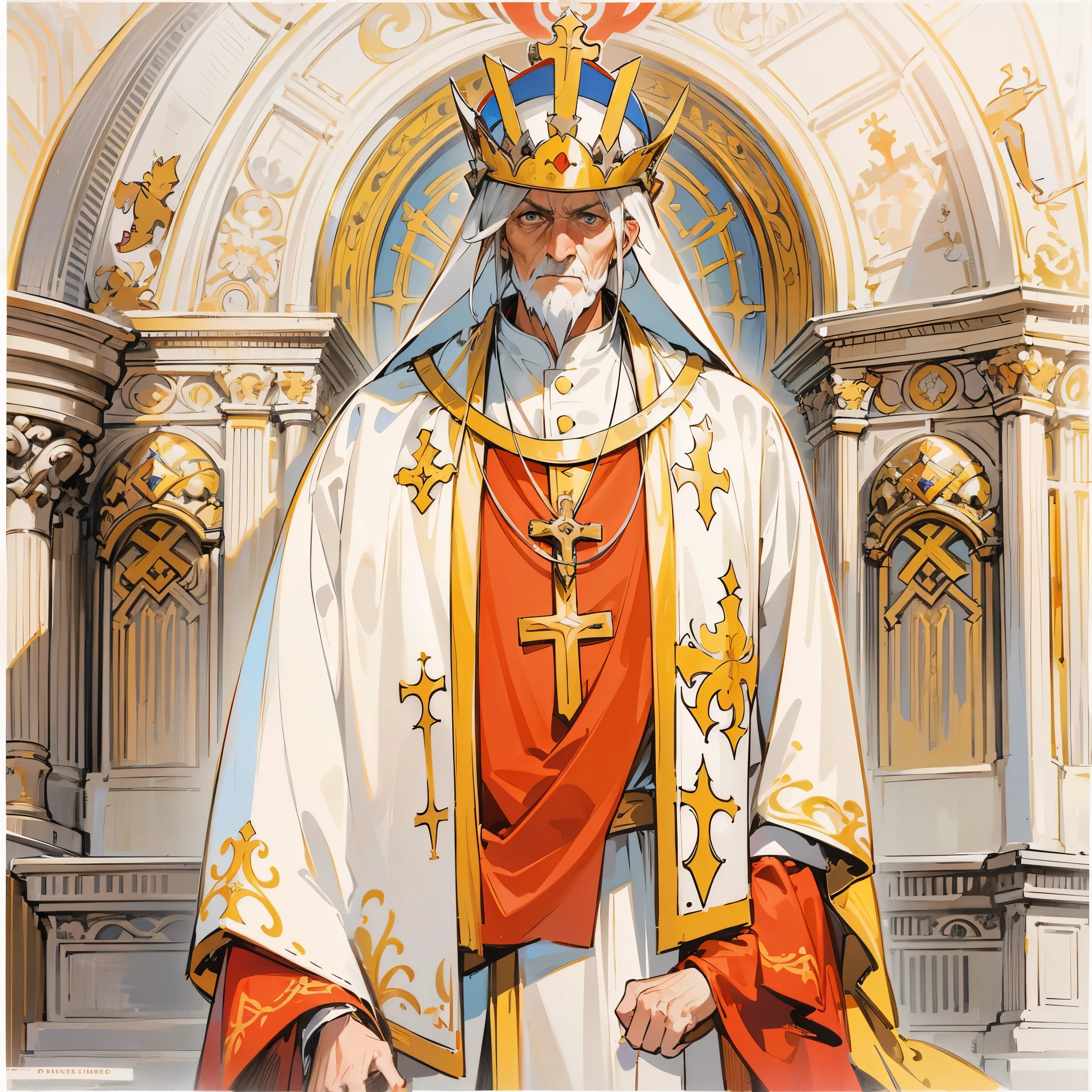 an old man,white hair,European medieval papal costumes,Wearing red, yellow and white robes,Pope's hat,A cross hangs from his chest,Standing alone in the center of the church,Dignified and dignified demeanor。Medium shot composition,full body pictures,Characters and scenes,Anime illustration style,Realistic style,HD,4K。