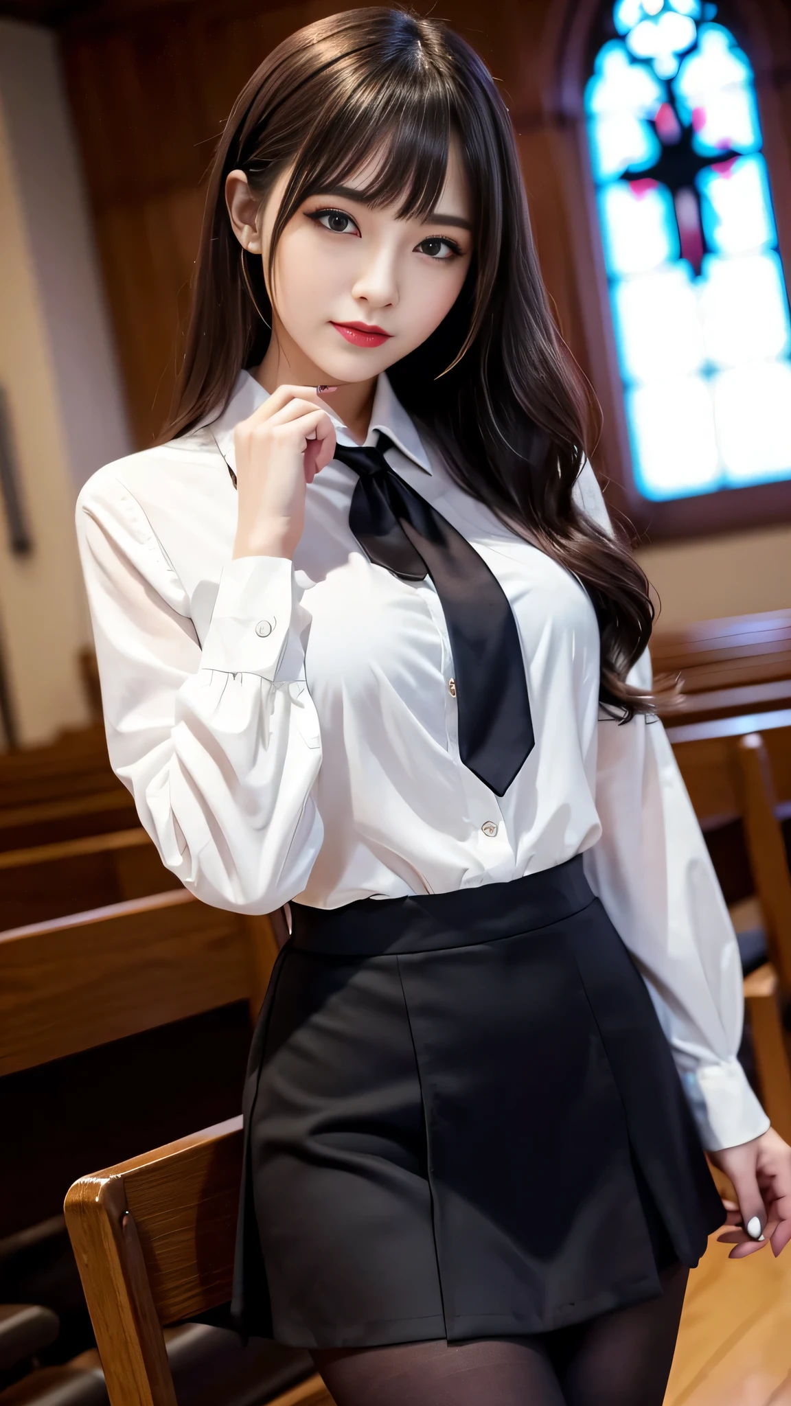 ltra-detailed、Japanese、attractive beauty、seductive adult woman、pretty woman、piercing eyes、cool girl、wavy hair、swept bangs、Female student、suit、Jacket、shirt、ribbon、blouse、Tight Skirt、pantyhose、beautiful feet、Evil cadres、evil depravity、brainwash、mind control、lipstick、smirk、dark makeup、hollow eyes,half-closed eyes、evil look、evil、empty eyes、evil、church at night、vampire、succubus、vampire、Swear allegiance、stand、