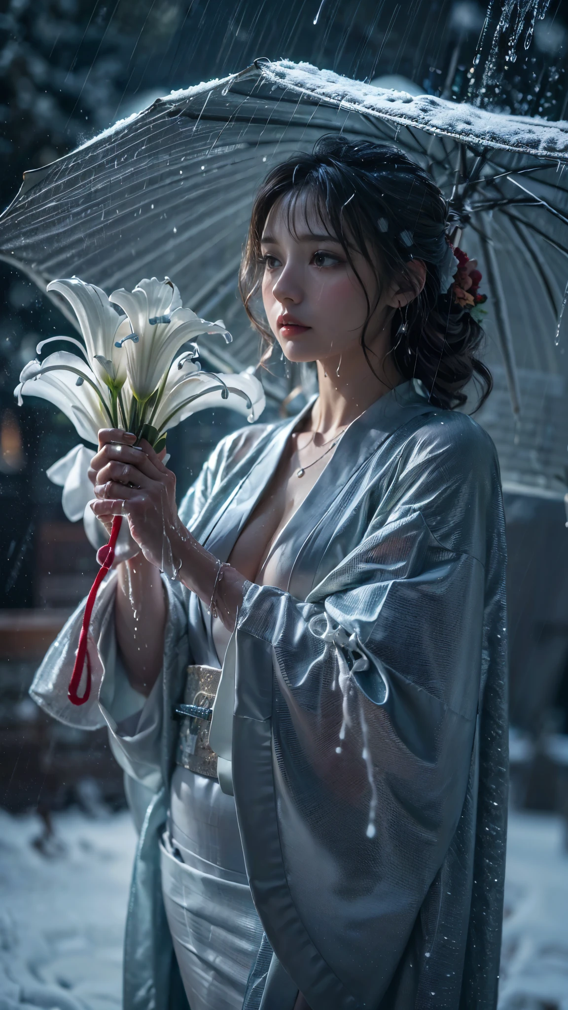 (RAW shooting, Photoreal:1.5, 8K, highest quality, masterpiece, ultra high resolution), (((heavy snow))), perfect dynamic composition:1.2, (In front of a shrine at night in a modern city, expression of sadness:0.9, Tears are flowing:0.9, cry with a broken heart:0.9), Highly detailed skin and facial textures:1.2, Slim office lady wet in the rain:1.3, cowboy shot, Fair skin:1.2, sexy beauty:1.1, perfect style:1.2, beautiful and aesthetic:1.1, very beautiful face:1.2, water droplets on the skin, (rain drips all over my body:1.2, wet body:1.2, wet hair:1.3), (Holding a bouquet of wet lilies:1.32, Wearing a wet silver kimono correctly:1.35), (Medium chest, Bra is transparent, Chest gap),  (Eyes that feel beautiful eros:0.8), (Too erotic:0.9, Bewitching:0.9), necklace, earrings, bracelet