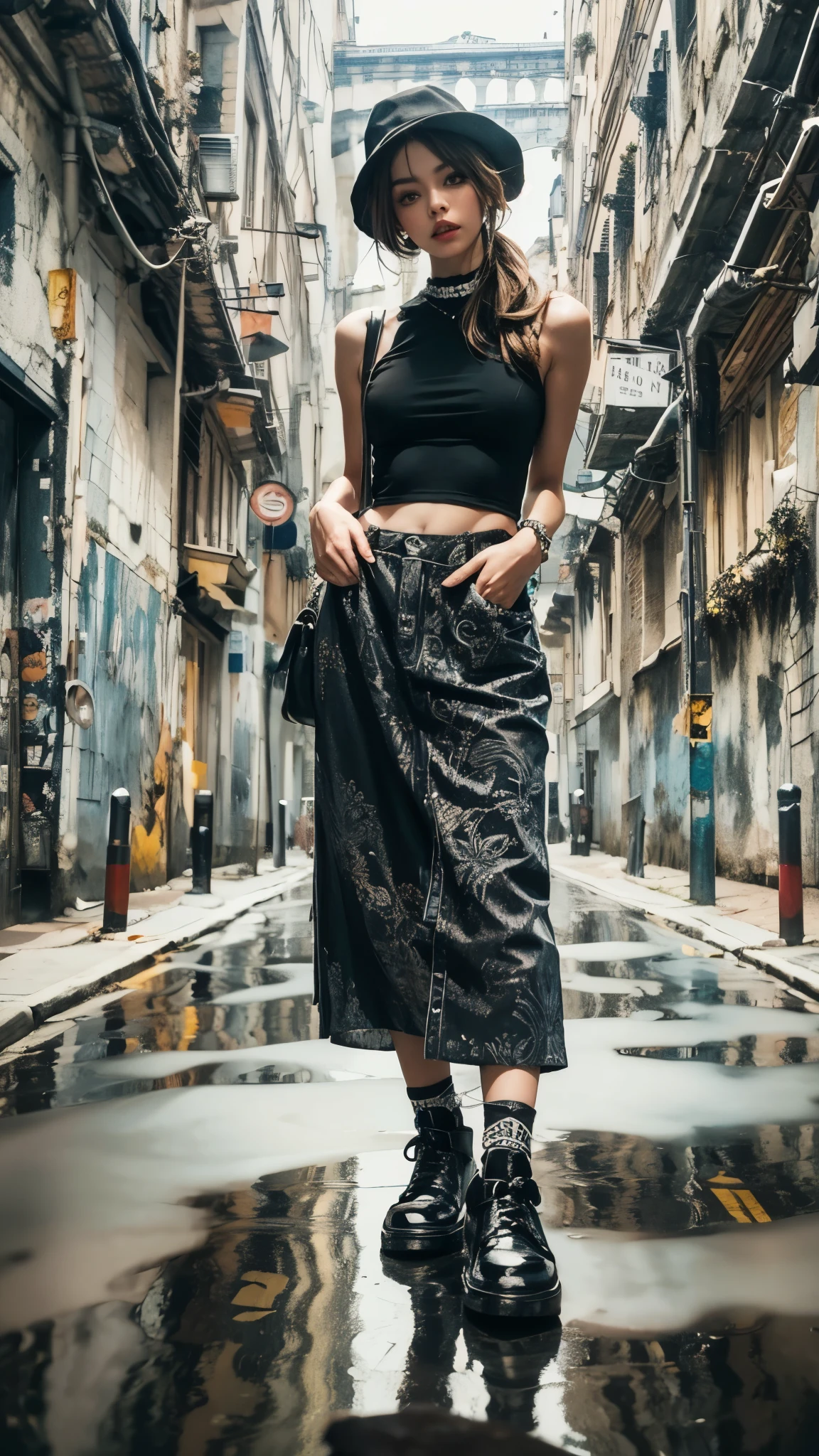 (Realistic, ultra detailed, beautiful, best quality:1.2), (arranged hairstyle:1.4), shiny hair, BREAK (all body shot:1.2), (standing, fashion model pose:1.2), (Detailed costume:1.4),(simple blurry background:1.4), (mist, fog:1.4), (lots of accessories), (The texture of super realistic clothes:1.2), Full body shot up to the toe, full body shot, cool NY fashion girl influenced by Nostalgic and Inorganic mode fashion, mode fashion by Monotone, Sophisticated mode fashion with street, An empty back alley with White and black Grafty art, Wearing a hat