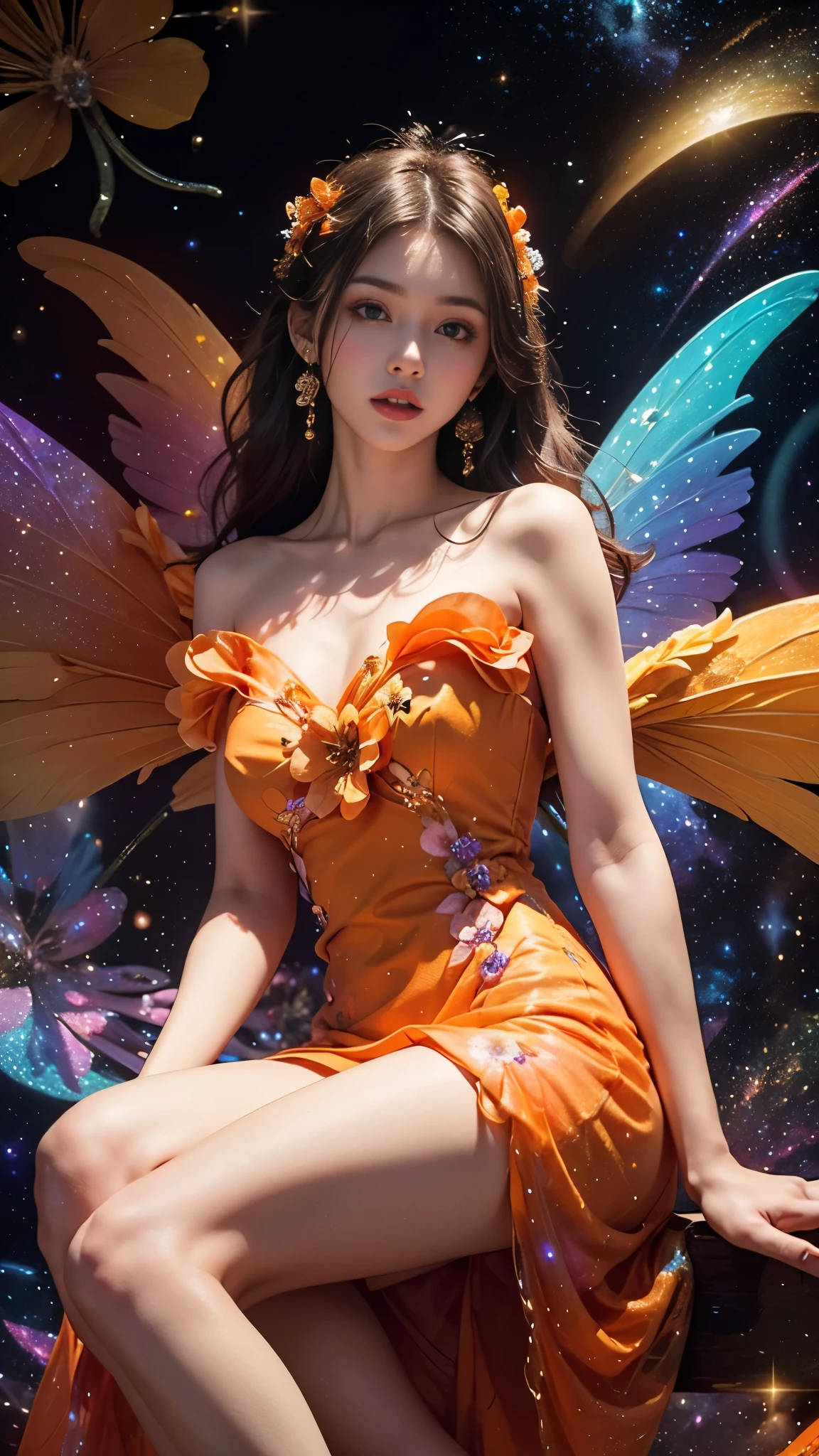 4k ultra hd, masterpiece, a girl, good face, detailed eyes, detailed lips, flower fairy girl, big wings, transparent wings, neon lights, (galaxy background:1.5), (flower dress:1.8), (orange dress:1.5), in the heaven, sitting,