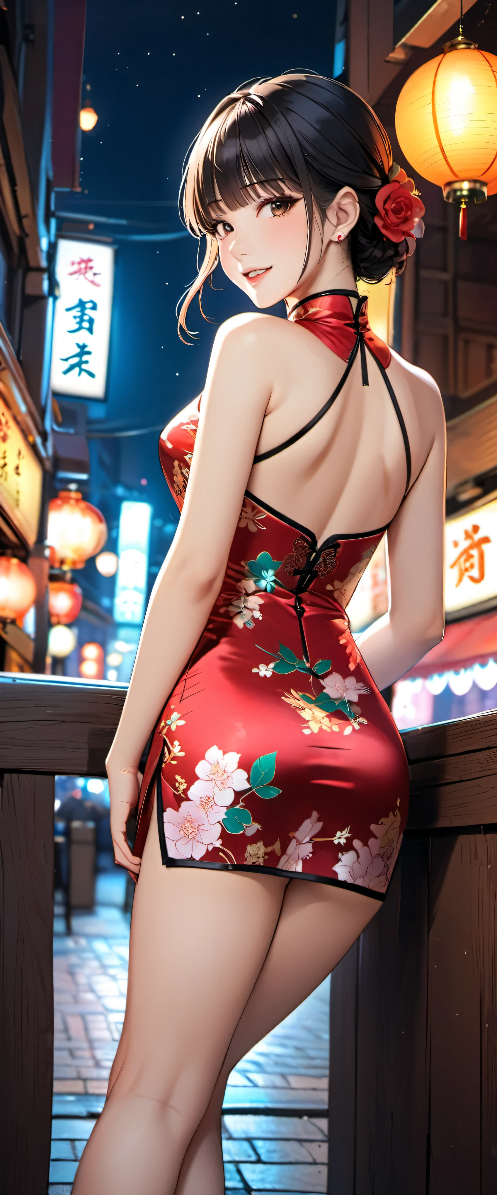 woman,20-year-old,,city,night,(((Silk cheongsam))),,open mouth smile((black hair)),blush、,((turn around and look back))()Reflecting the buttocks