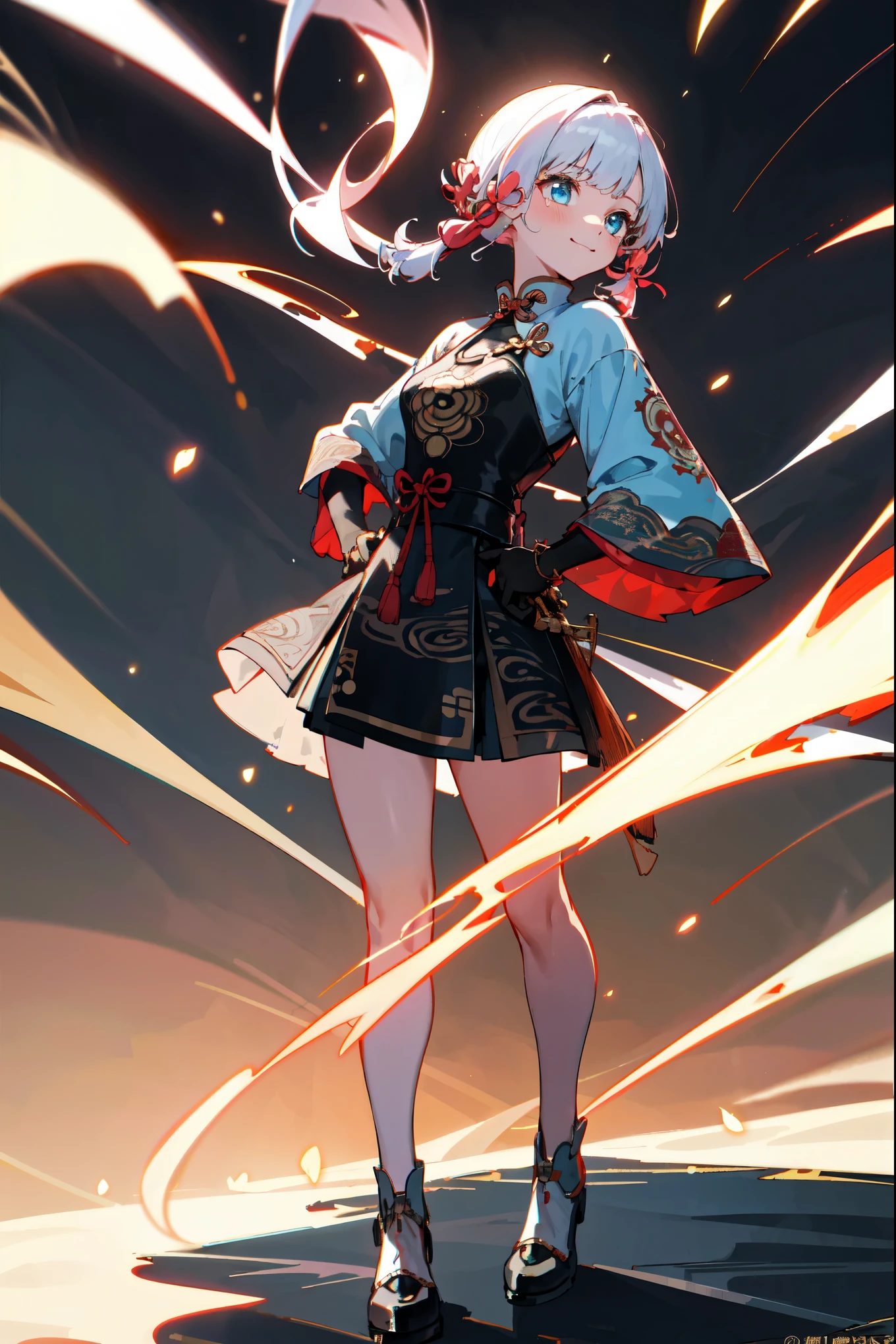 Hair intake,A costume girl,Ninja,Holding a lantern,Short skirt,Leg strap,fireworks,Smoking