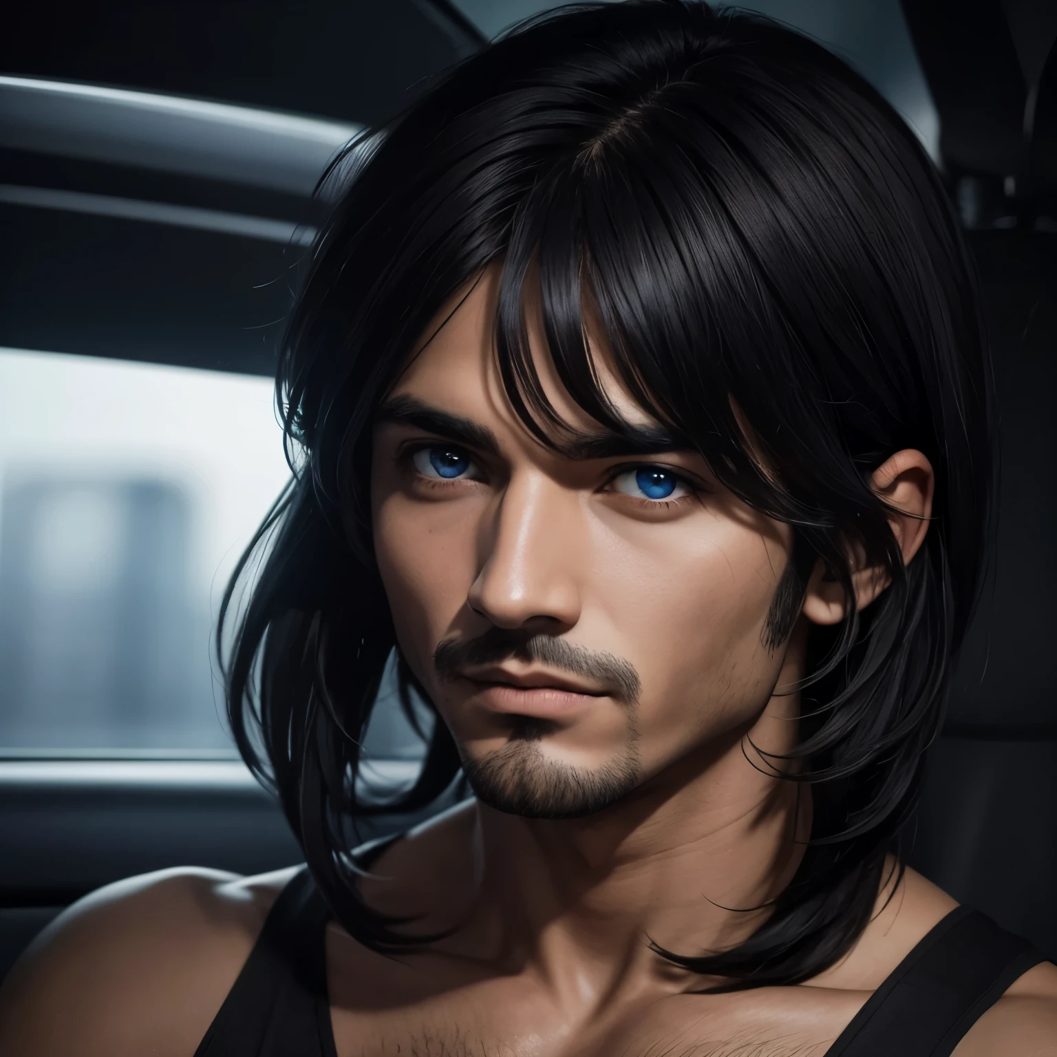 Personaje masculino, cabello corto negro azabache, ojos azules verdosos, alto, fair-haired, que se vea como un asesino 