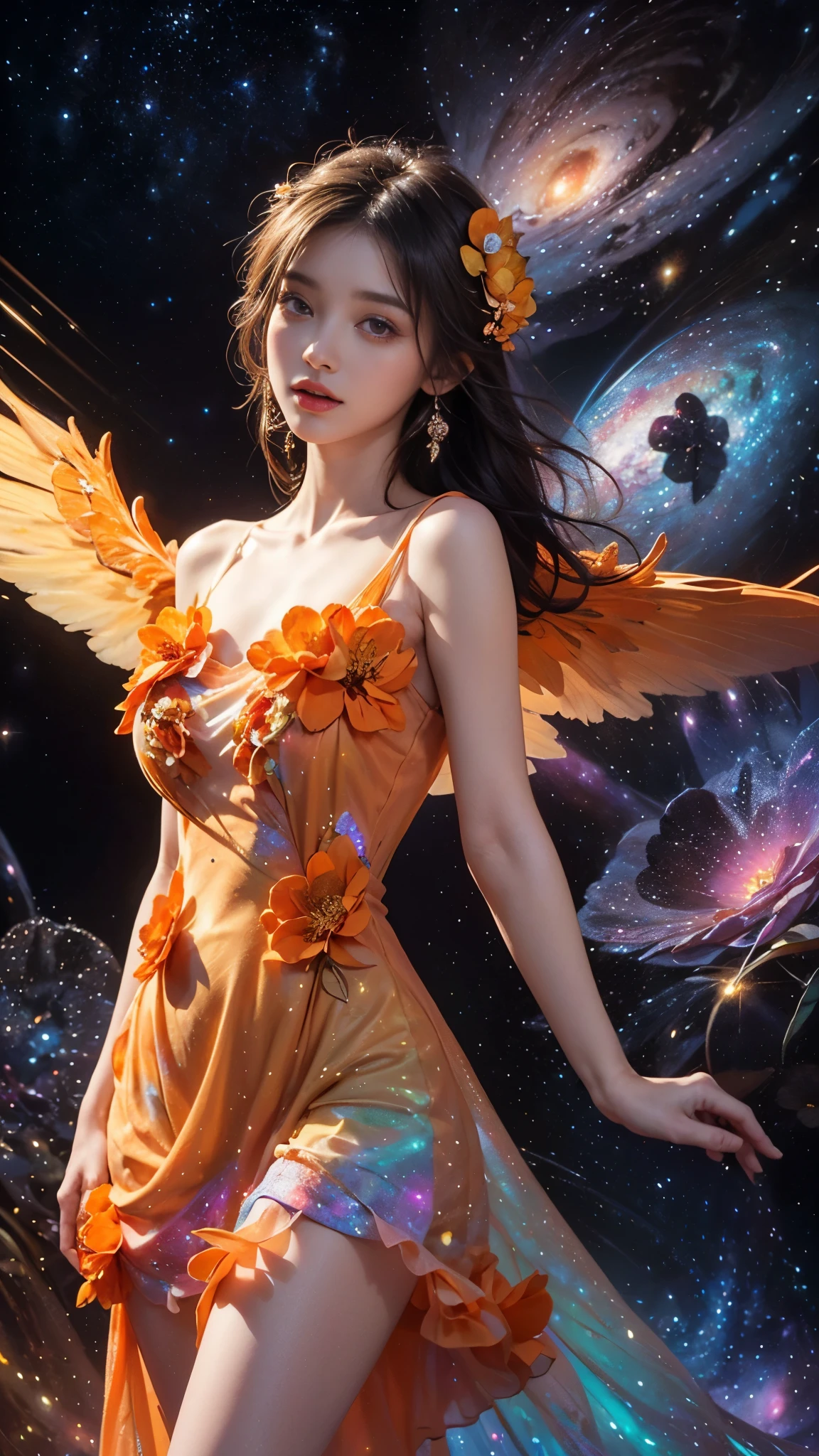 4k ultra hd, masterpiece, a girl, good face, detailed eyes, detailed lips, flower fairy girl, big wings, transparent wings, neon lights, (galaxy background:1.5), (flower dress:1.8), (orange dress:1.5), in the heaven,