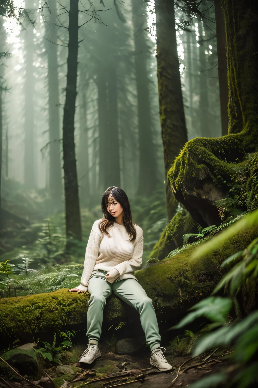 (highest quality,8ｋ,overwhelmingly beautiful:1.2)、(cute japanese girl:1.8、Flawless),(((jumper、pants)))、(huge breasts:1.10),(best beautiful body、Wild beauty)、(Flawless解剖学、beautiful limbs、Precise limbs)、big ass、beautiful thighs、coldness、best art、beautiful shine、darkness of night、 atmosphere、(Fusion with nature、Deep in the mountains of the primeval forest)、professional photography、Artistic、(Full of scars、angelic woman),