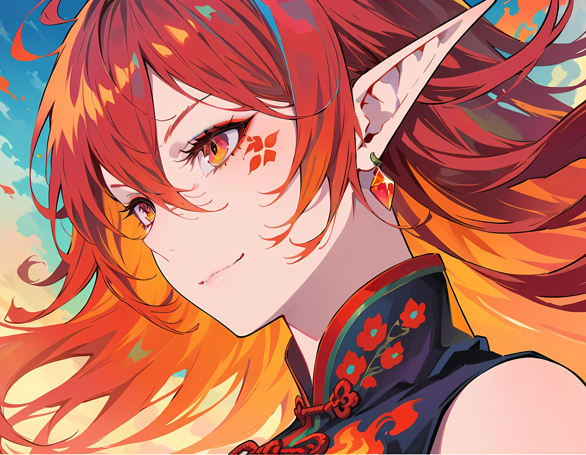 Portrait of fire elf, red flowing hair, Shining red eyes, orange around, Flame theme, Burning atmosphere, (Delicate and sexy Chinese style clothing:1.2), Red glowing tattoo, Orange crystal jewelry, faint smile, mature body, colorful ,Designed by Mappa Studio,masterpiece,best quality,official art,illustration,clear lines,(cool_color),perfect composition,Ridiculous, fantasy,concentrated,The third law